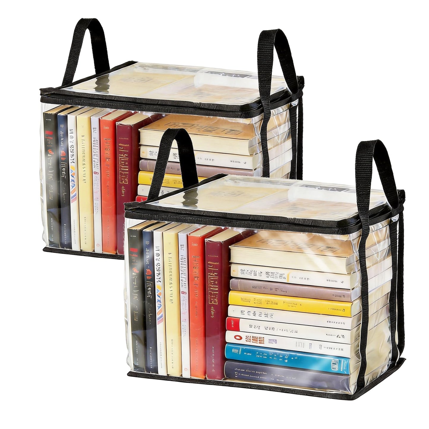 2PCS Clear Book Storage Bag, Waterproof Zippered Comic Books Organizer Collapsible Book Display Case with Lid and Reinforced Handle for Book DVD Blu Ray Disc Clothing 38x24x32cm/15x9x13inches