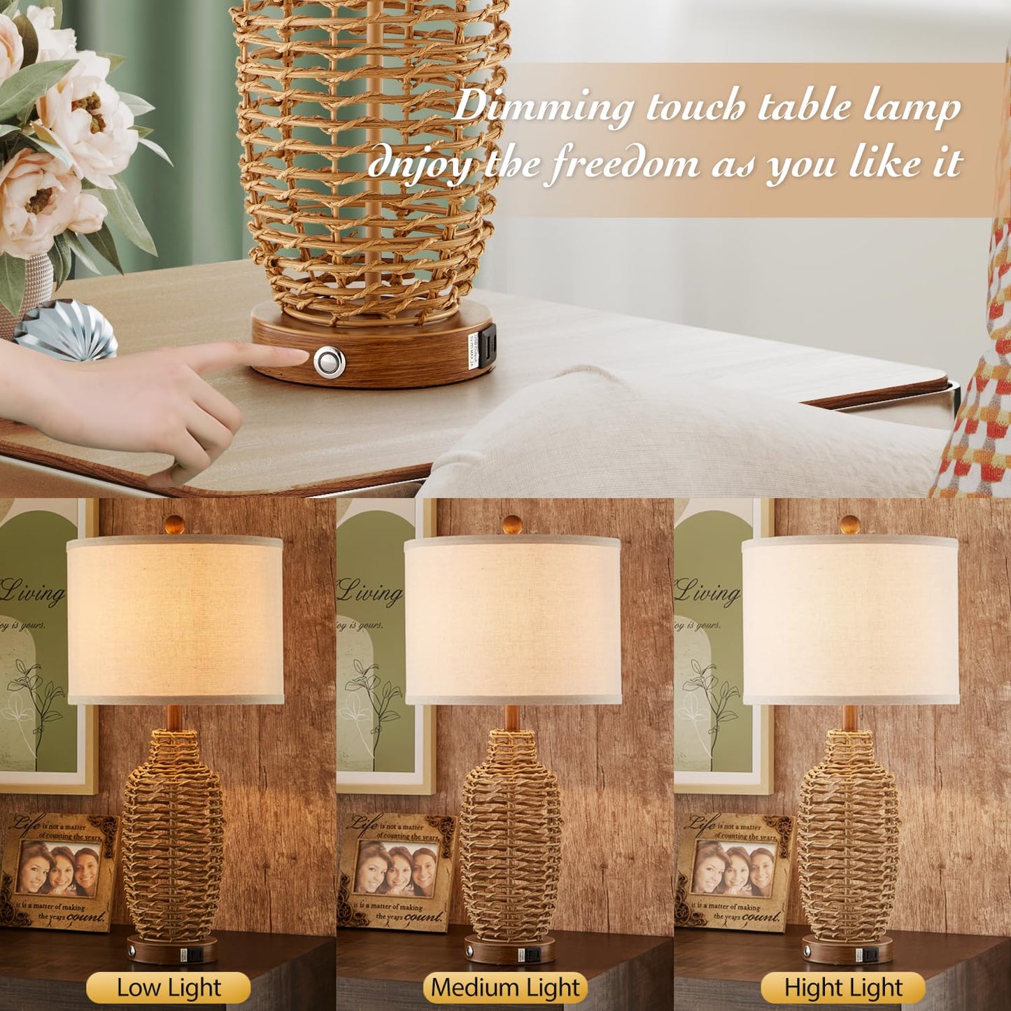 YIMNOVP Rattan Table Lamps Set of 2 Wicker Lamps 3 Way Dimmable Touch Control Farmhouse Rustic Coastal Lamps with USB Port for Bedroom Living Room Office (LED Bulbs Included)