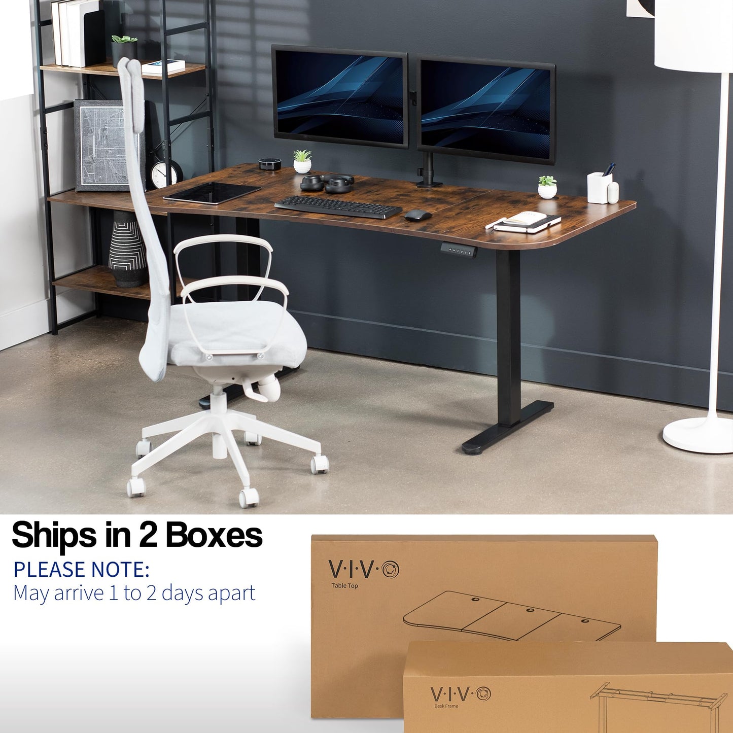 VIVO Electric 63 x 32 in Rustic Dual Motor Standing Desk, Memory Height Adjustment, E2B Series, Vintage Brown Top Black Frame, DESK-KIT-E2B1N