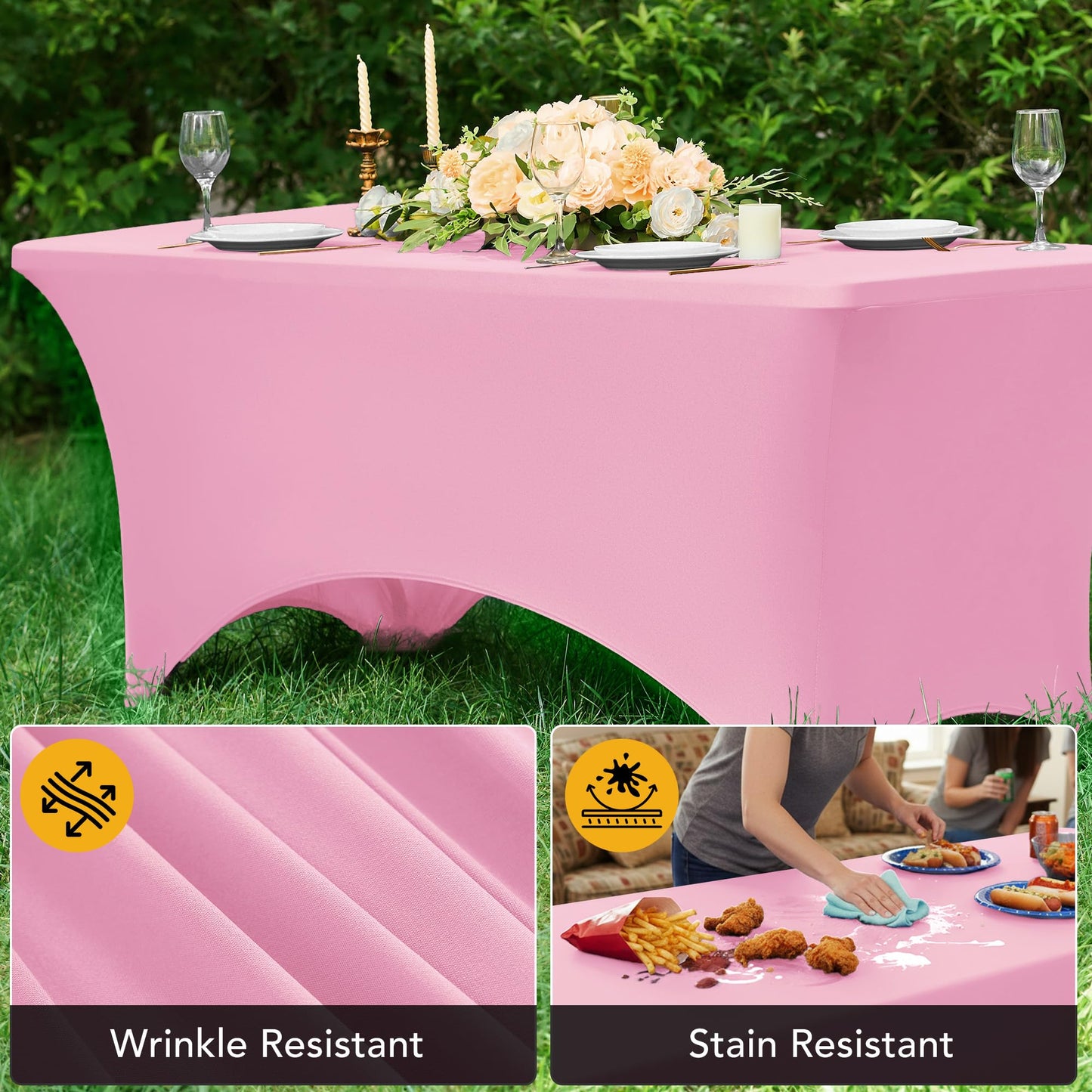 Dailyset 6-Pack Premium Pink Spandex Tablecloths for 6ft Rectangle Tables, Stain & Wrinkle-Resistant, Washable Stretch Polyester Fitted Table Cover for Weddings, Banquets, Trade Shows Events