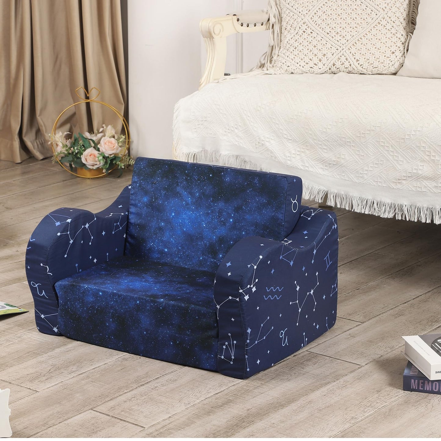 MOMCAYWEX Kids Sofa, 2-in-1 Flip-Out Foam Couch, Foldable Soft Play Lounge Chair, Blue