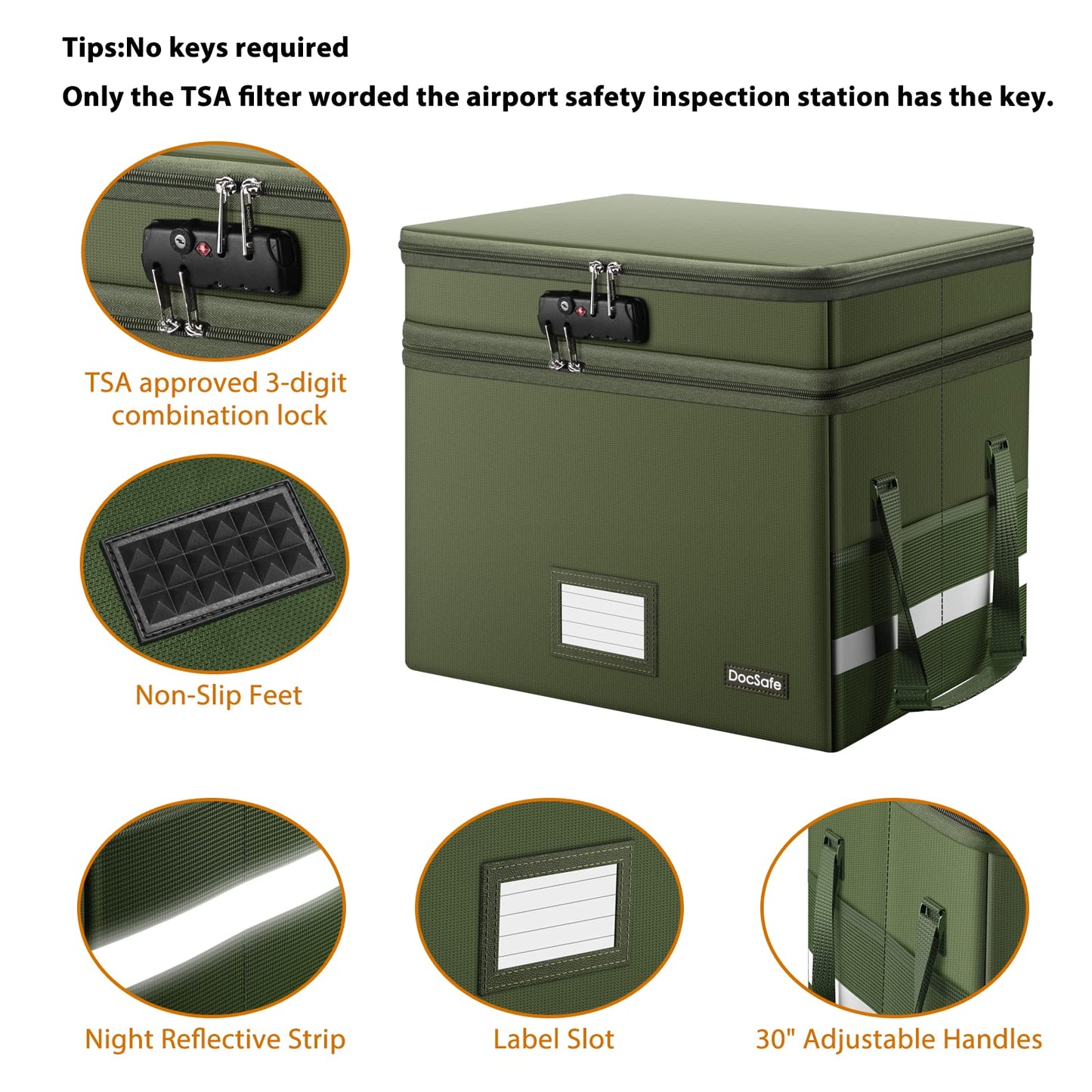 DocSafe File Box with Lock,Multi-Layer Fireproof Document Box Collapsible File Storage Organizer with Pockets/Handle,Portable Home Office Filing Cabinet for Hanging Letter/Legal Size Folders,Green