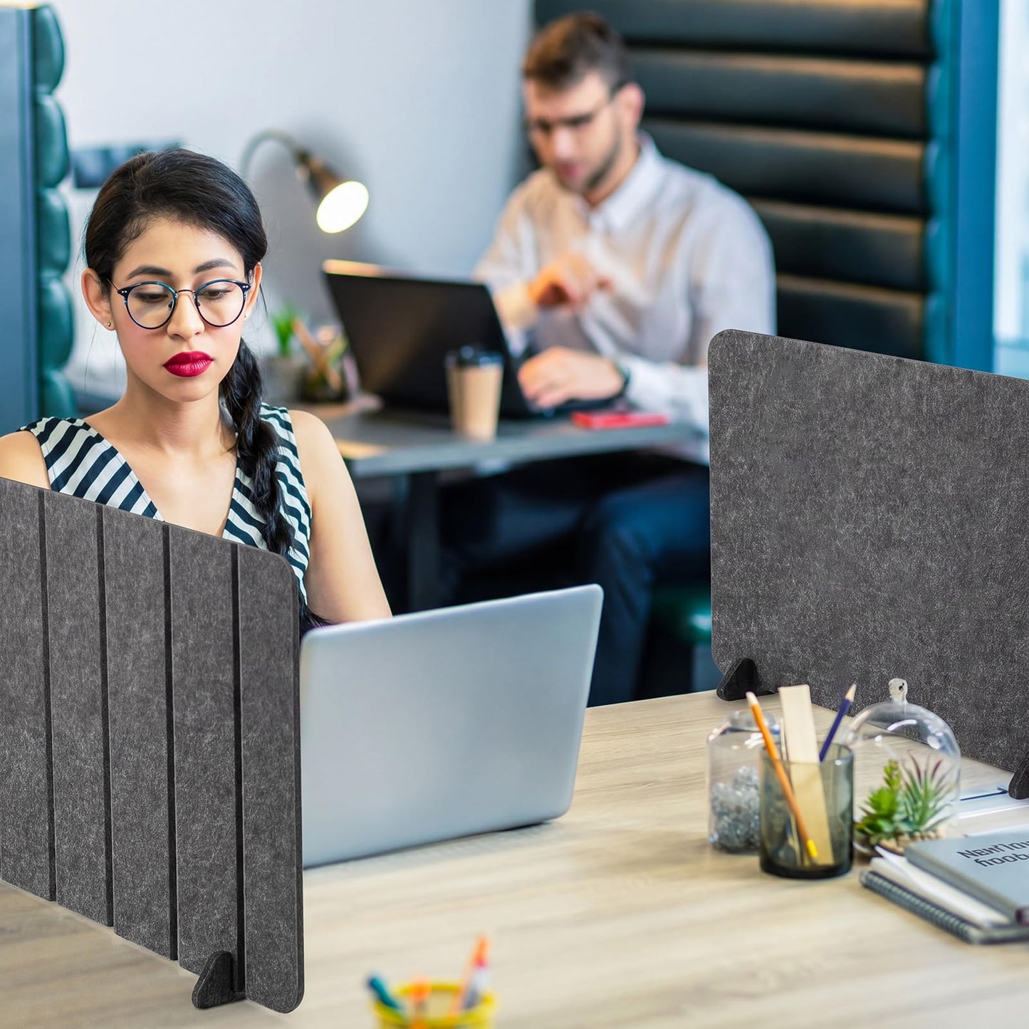 Poola Voidra 4 Pack Felt Desk Privacy Panels, 16 x 24 Inches Sound Absorbing Desktop Divider with 8 Stable Bases Foldable Office Partition for Home & Office, Grey Acoustic Desk Divider