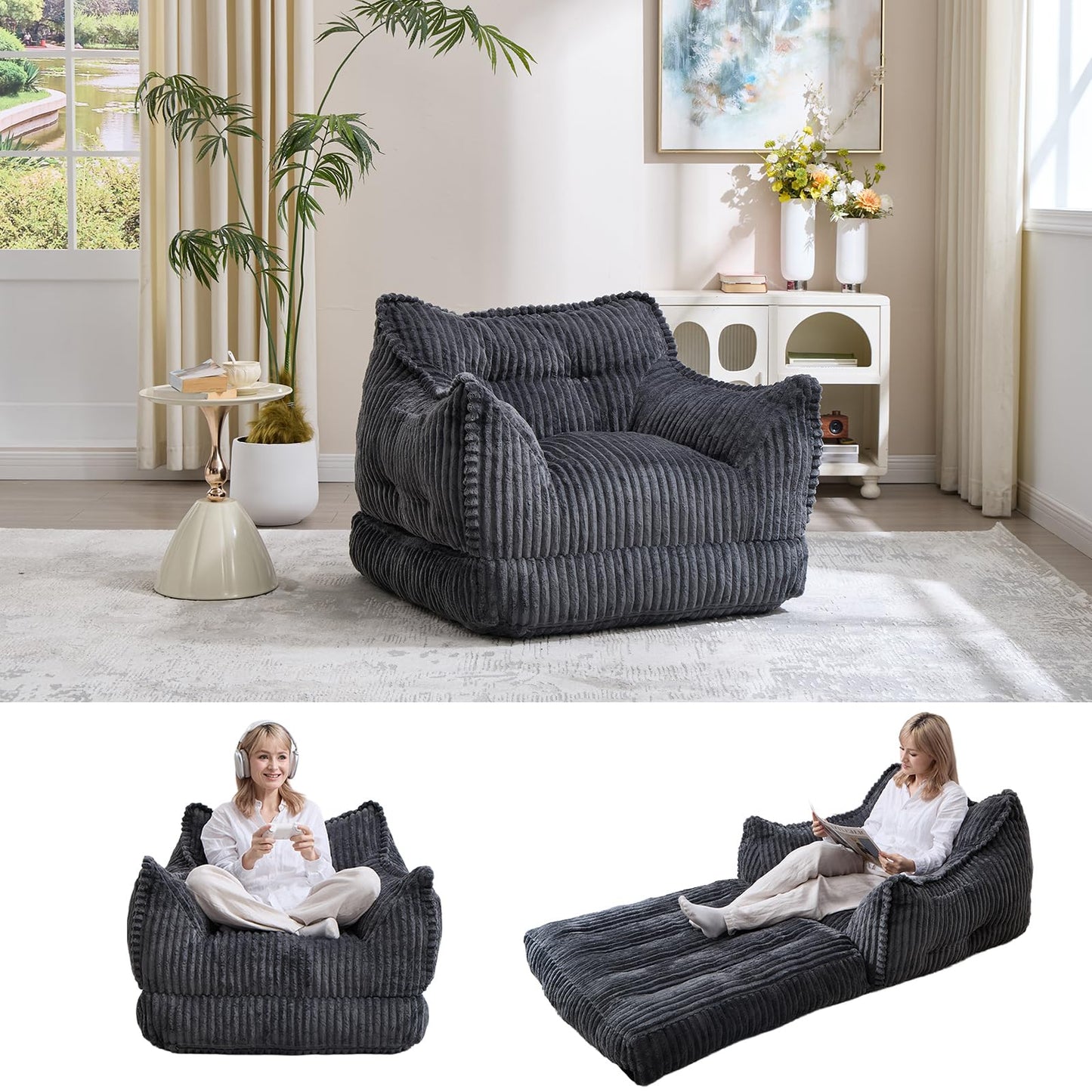 Manyday Convertible Sofa Bed, 2 in 1 Folding Sleeper Sofa to Lounger Comfy Single Bean Bag Chair for Adults, Floor Couch with Handle, Corduroy Couch Bed for Living Room Bedroom, Gray
