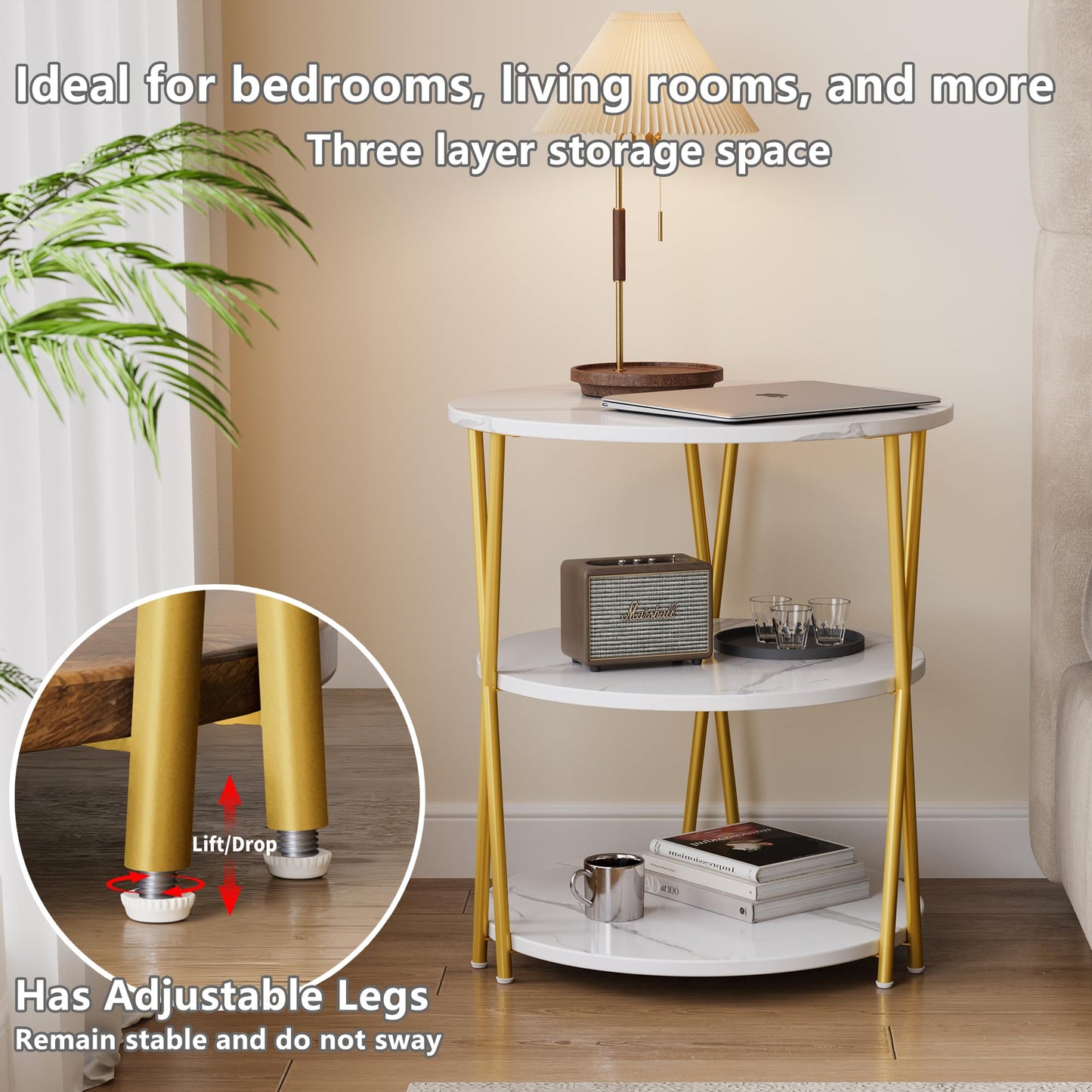 Lumbershed 23 Inch Round Side Table 3-Tier End Table Living Room Small Patio Table Nightstands Round Coffee Table Spacious Top for Couch Bedroom 3 Storage Shelves Accent Coffee Table, Marble White