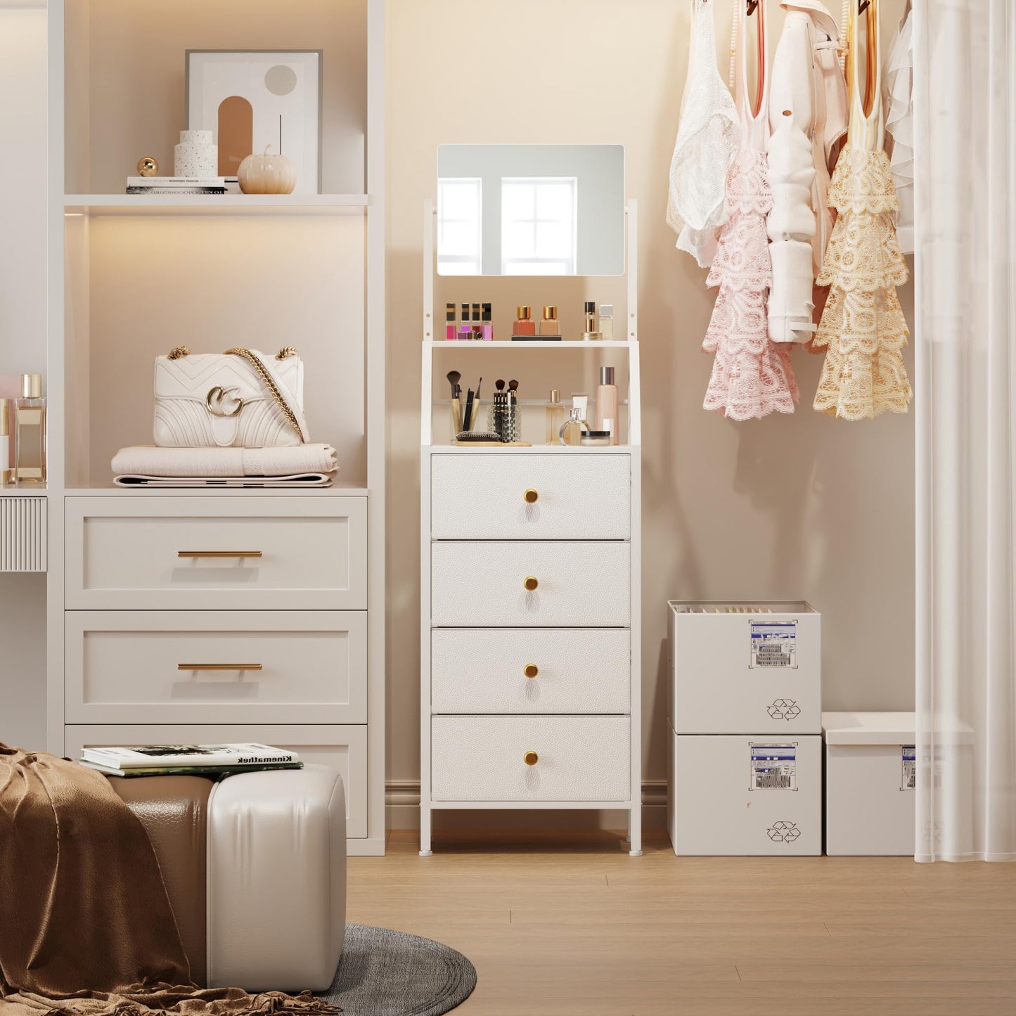 HIGDBFE 4-Drawer Dresser with Mirror, Vanity with 2-Tier Shelves, Fabric Chest of Drawers for Small Space, Vertical Storage Cabinet for Bedroom, Nightstand Bedside Table Furniture, White, 15.3" W