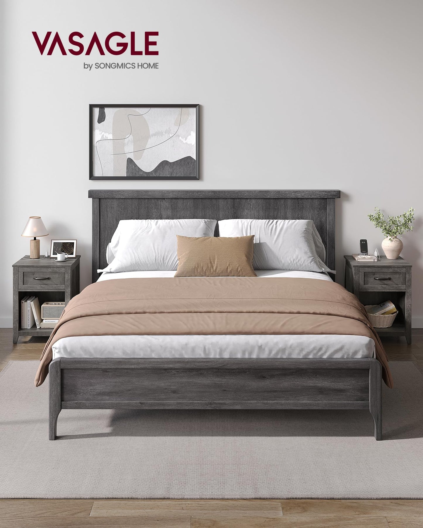VASAGLE LIRY Collection - Farmhouse Nightstands with Charging Station, Set of 2 Bedside Tables, Side Tables with Drawer, Open Compartment, for Bedroom, Misty Gray ULET859G01