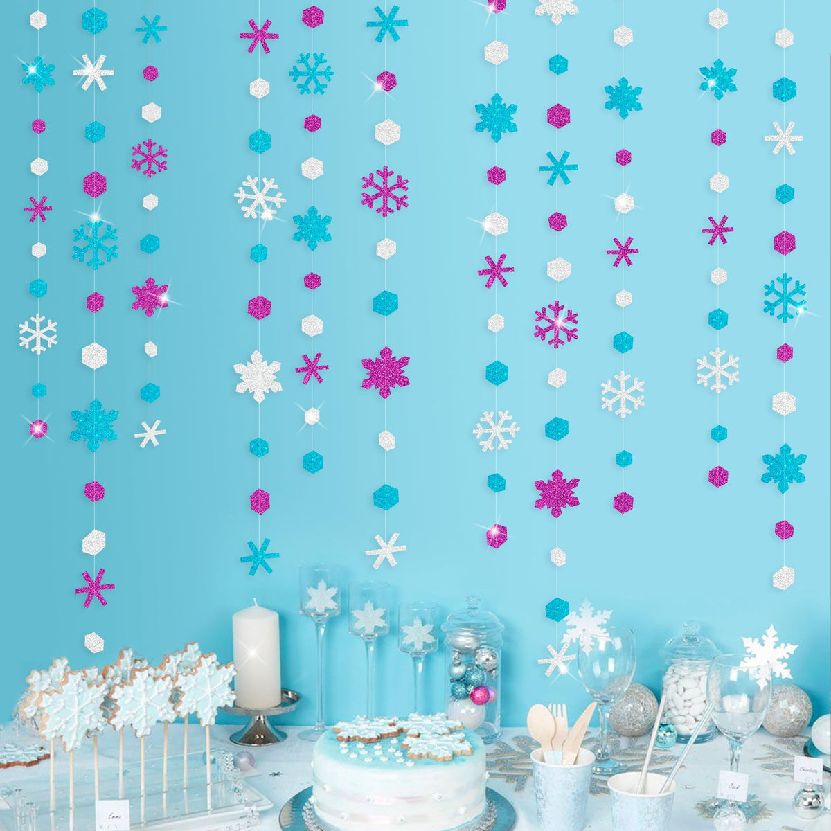 52 Ft Snowflakes Party Decorations Silver Purple Blue Glitter Paper Snowflakes Garland Streamer for Winter Wonderland Christmas Holiday Frozen Birthday Wedding Baby Shower Bridal Shower Party Supplies