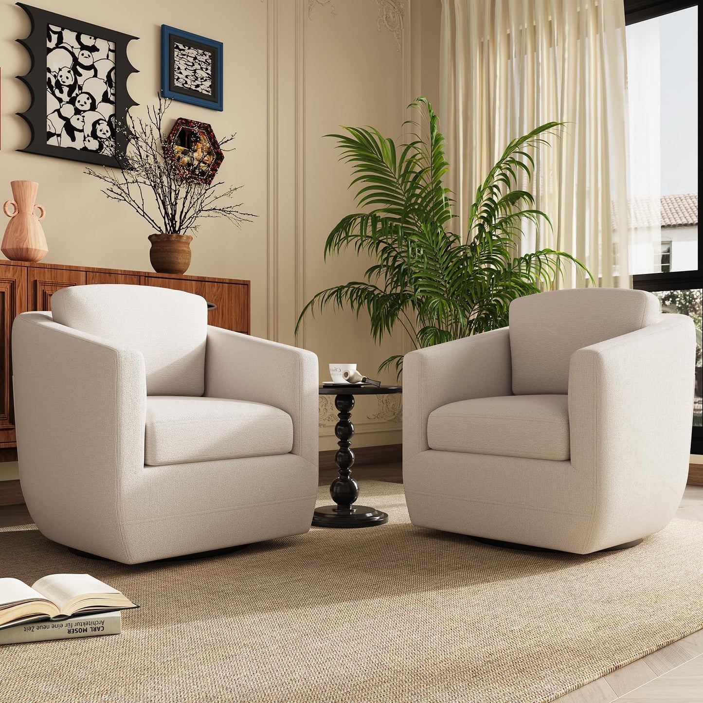 MALOL 360° Swivel Accent Chair Set of 2 with Pillow - Comfy Living Room Armchair No-Sag Foam & Sturdy Metal Base, Fully Assembled Swivel Accent Single Sofa for Bedroom Living Room, Office, Beige