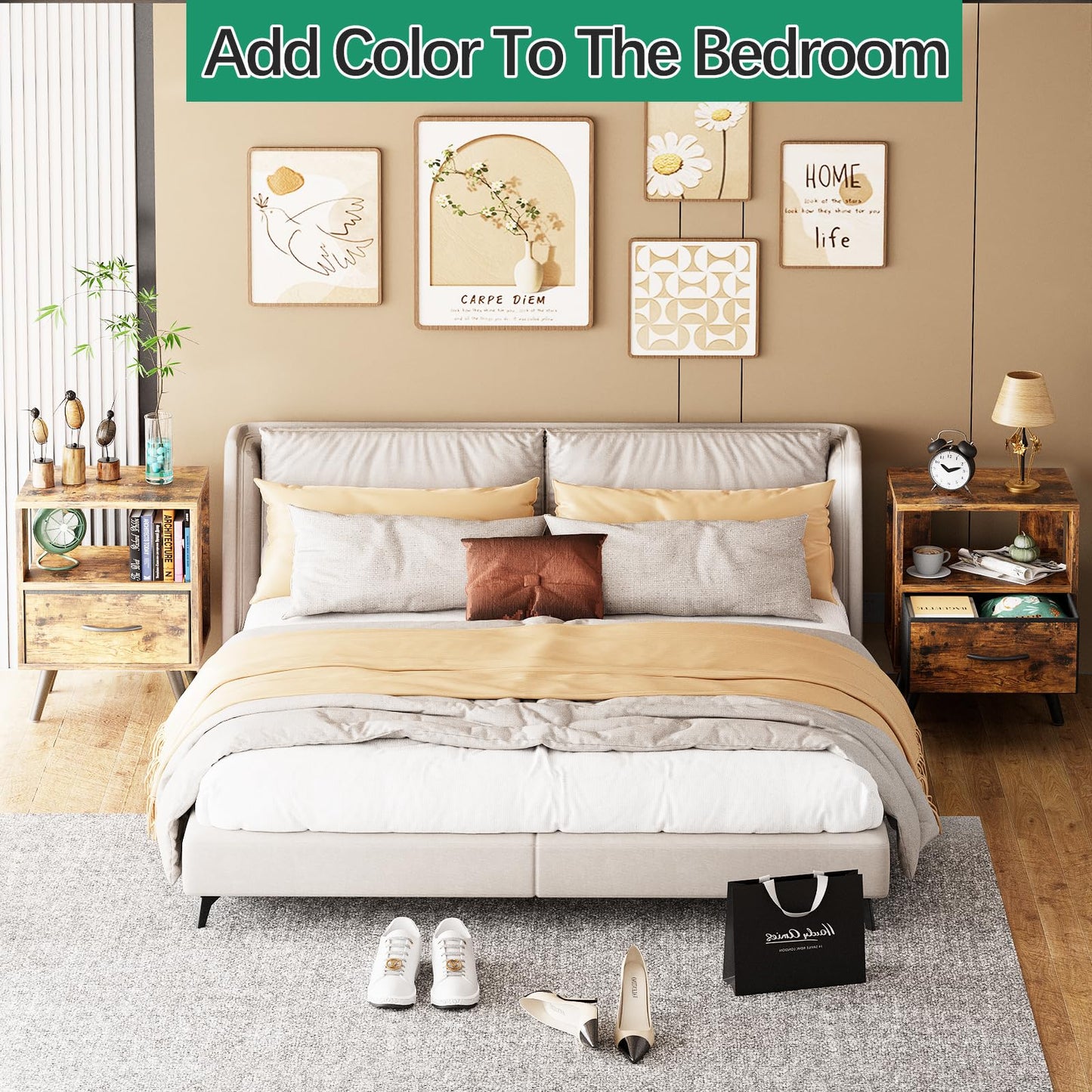 Aenuert Night Stand, Brown Nightstand with Drawer, Side Table with Open Storage, 2-Tier Modern End Table, Bedside Table for Small Space, Living Room, Bedroom
