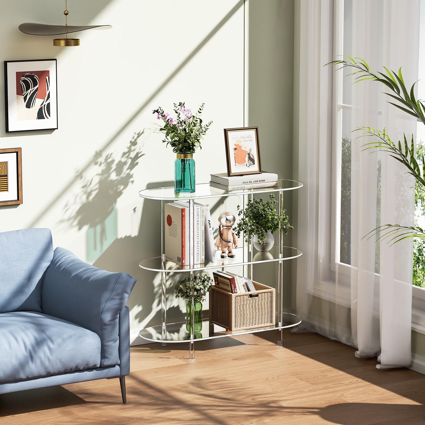 Bekugee Clear Acrylic Bookshelf, 31.5" L x 11.8" W x 27.7" H, 3 Tier Oval Acrylic Bookcase Table with Open Book Shelf, Modern Storage Organizer Entry Console Table for Entryway Living Room Bedroom