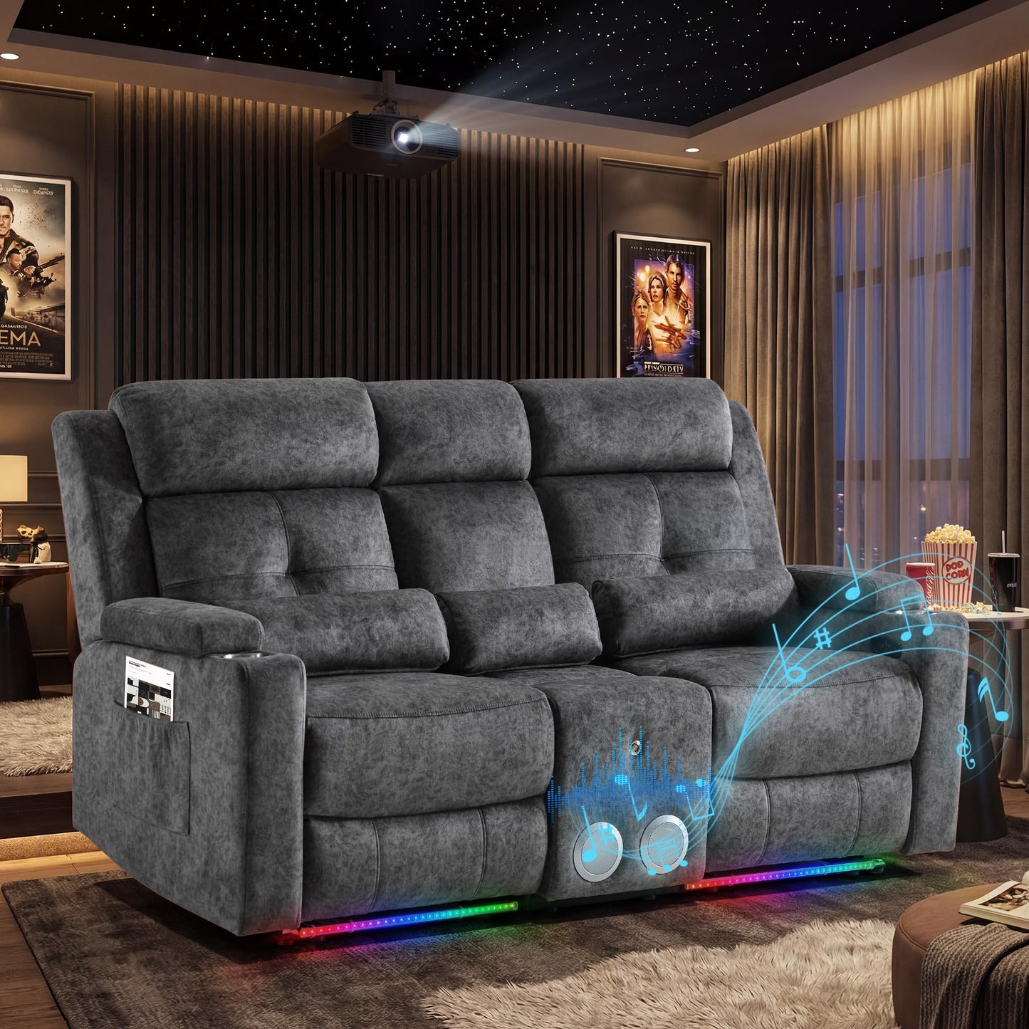 PALLOME Power Recliner Loveseat Sofa with Bluetooth Speakers, Home Theater Seating with LED Lights, One-Key Reset, USB-C Charging Ports, Hidden Storage, RV & Apartment (Grey)