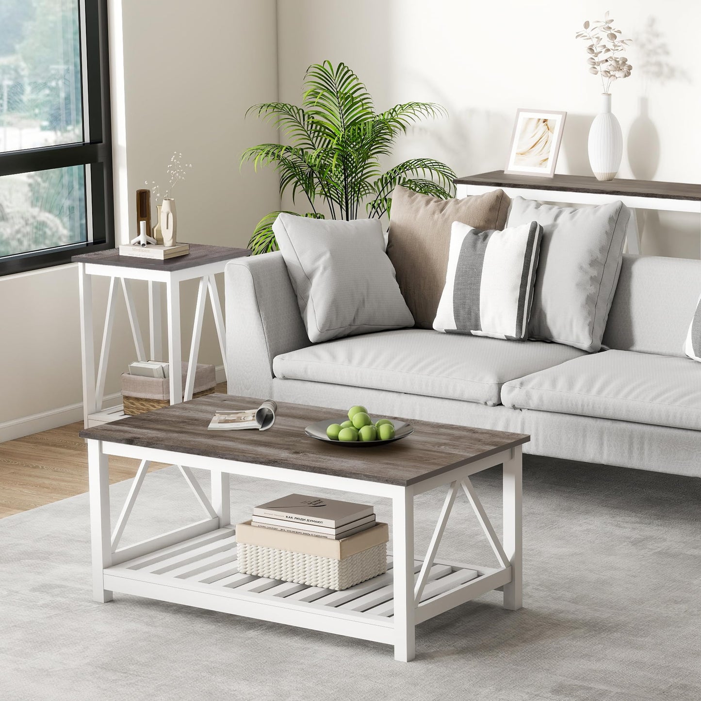 UYIHOME Farmhouse Coffee Table, White Oak Coffee Table for Living Room, 2-Tier Rectangular Wooden Centre Cocktail Table with Slats Shelf Storage and V-Shaped Frame Modern Coffee Oak Grey