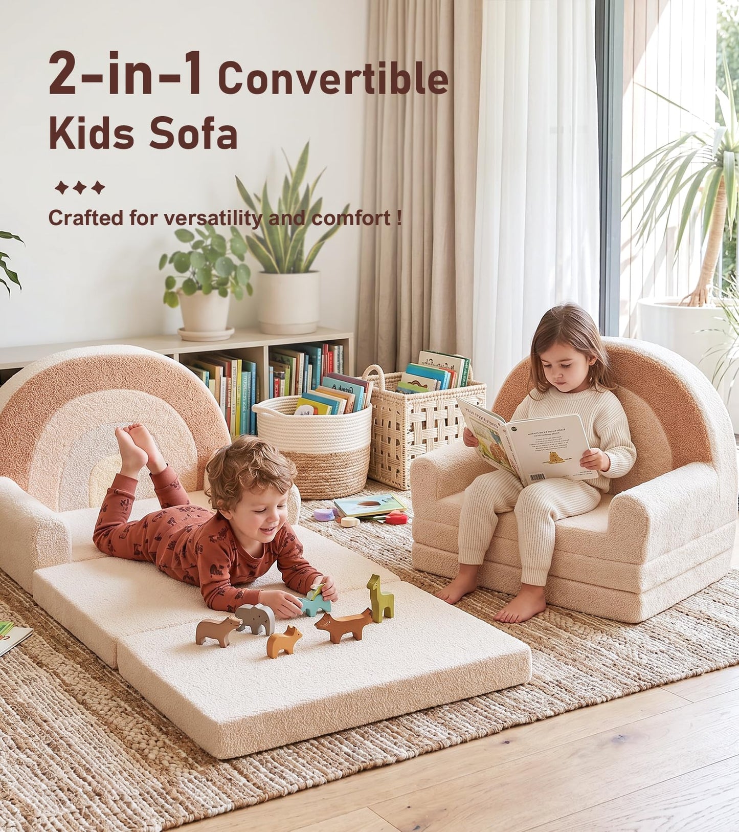 little dove Extra Wide Soft Kids Couch Fold Out, 2-in-1 Kids Couch, Convertible Kid Sofa, Kid Furniture for Playroom, Ideal Gifts for Boys & Girls Ages 3+, Beige