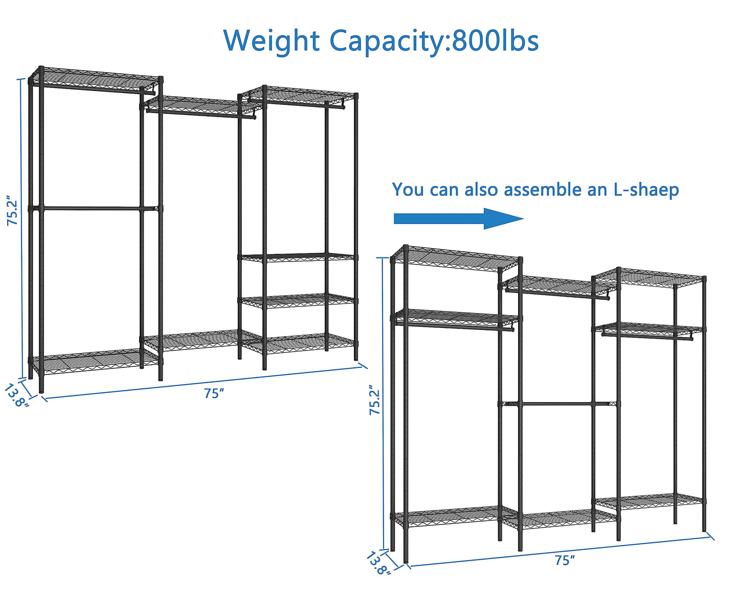 Serxis Heavy Duty Clothes Rack,Freestanding Clothing Shelf,Metal Garment Rack,Adjustable Custom Closet Shelf, 75" L x 13.8" W x 75.2" H, Max Load 800LBS, Large(Black)