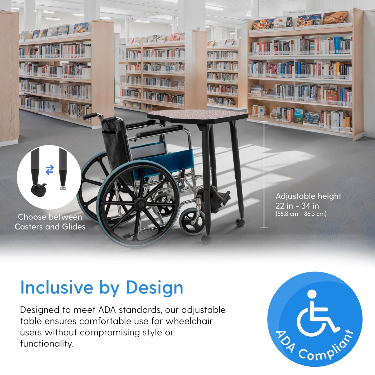 Adapte Commercial Classroom Activity Table - 24" x 36" Petal, ADA Compliant Tapered Legs with Glides & Casters, Adjustable Height 22-34" Wheelchair Accessible, School & Office Furniture