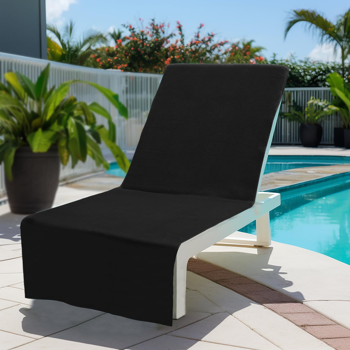 COTTON CRAFT Pool Lounge Chair Cover - 2 Pack Terry Towel Chaise Lounge Chair Cover - 100% Ringspun Cotton - Absorbent Soft Beach Chair Cover - Oversized 32 in W x 82 in Length x 7 in Pocket – Black