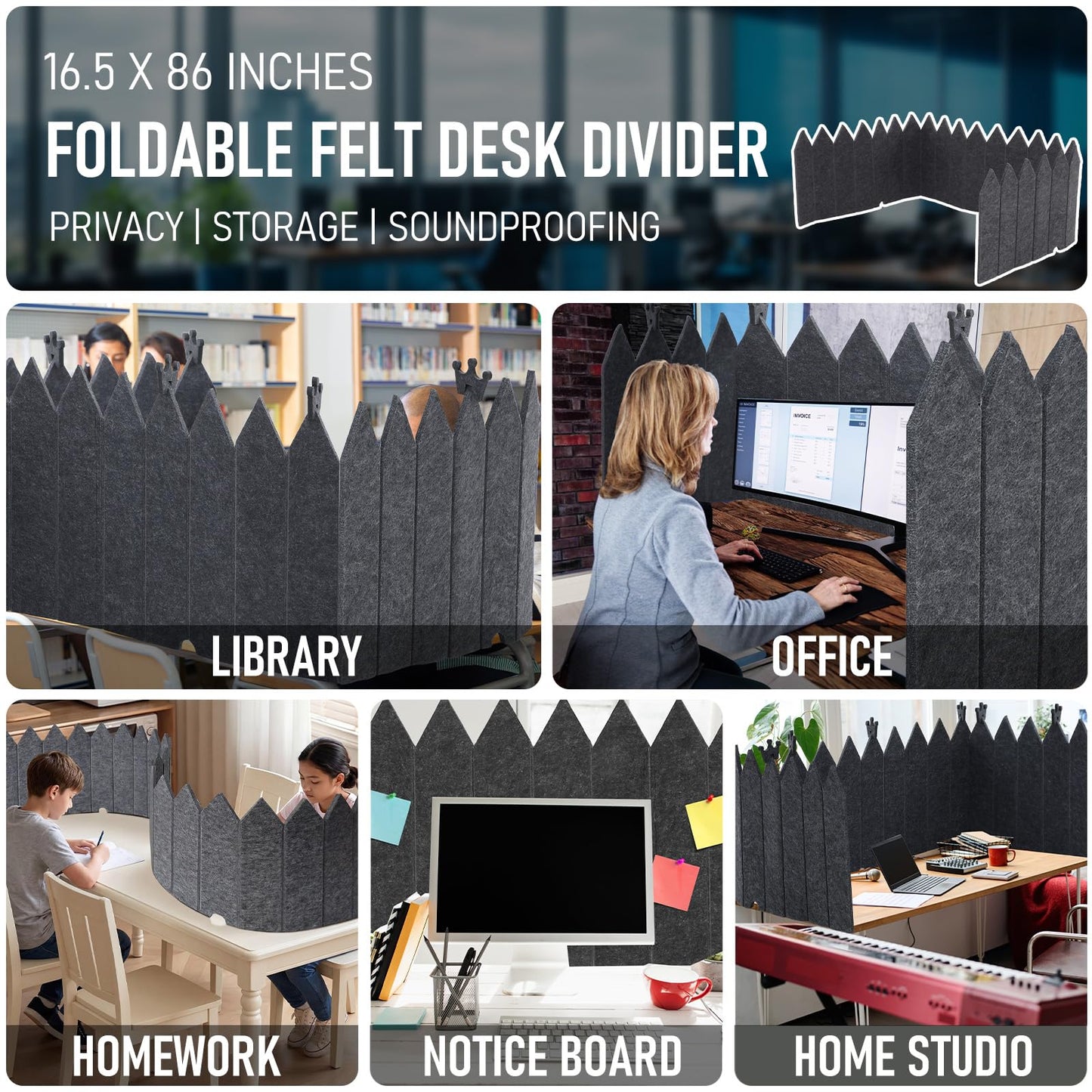 Dunzoom Acoustic Felt Desk Divider, 86 x 16.5 Inch Foldable Privacy Screen Panel Table Partition with Decorative Clips, Fence Design Tackable Cubicle Panel for Office Home Classroom