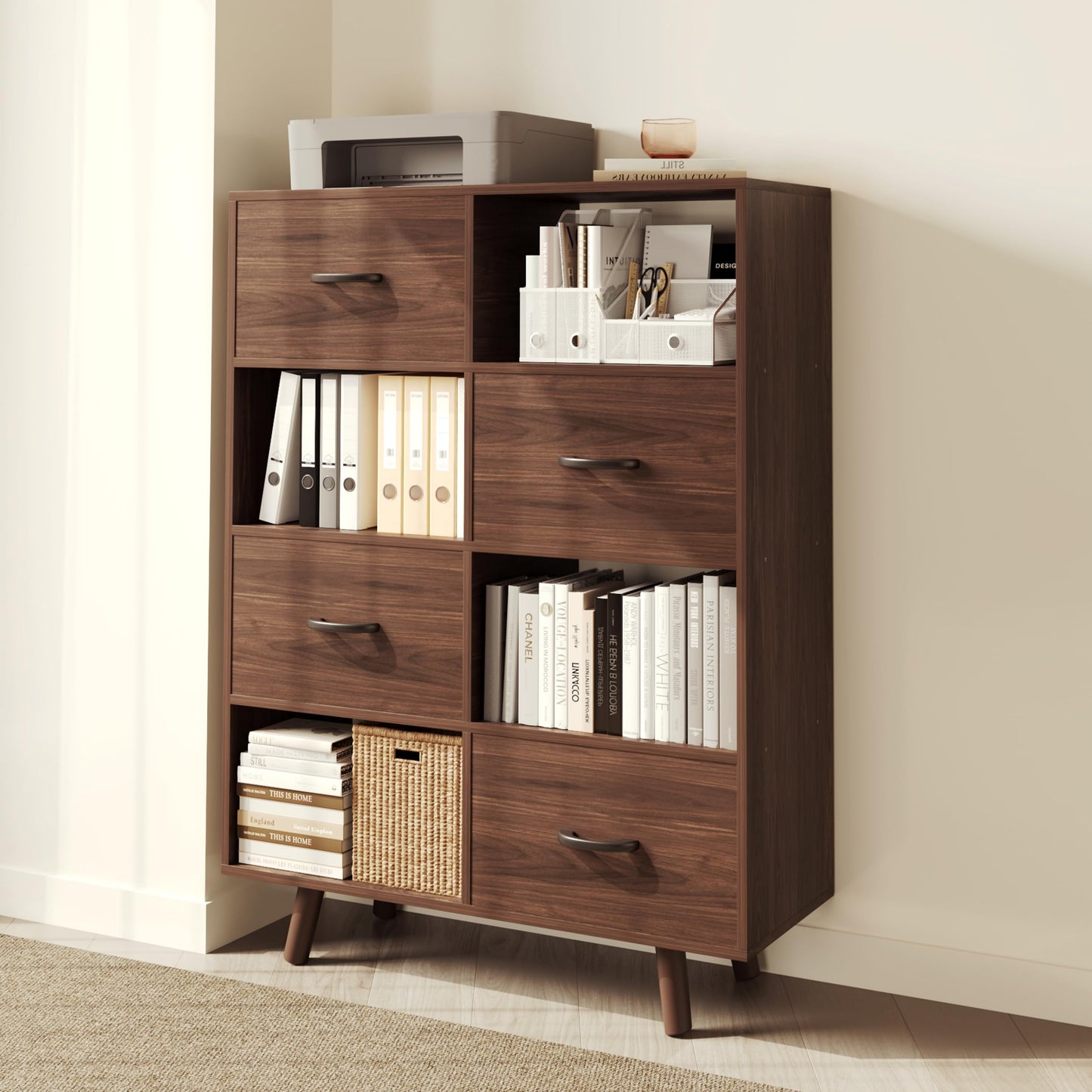 ELYUP Bookcase with Fabric Storage Bins - 8 Cube Organizer Display Bookshelf for Home Office, Walnut