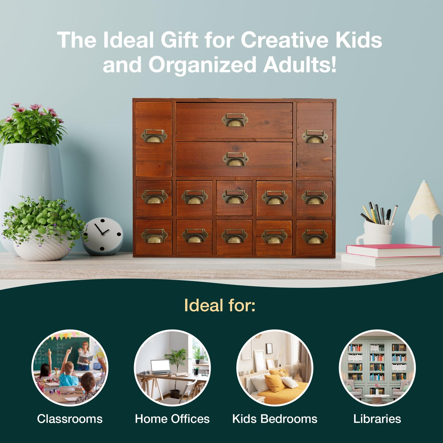 14-Drawer Apothecary Cabinet - Index Card Organizer - Miniature Chest of Drawers - Brass Handle Organizer - Kids' Arts and Crafts Storage - Wooden Desktop Drawer Organizer
