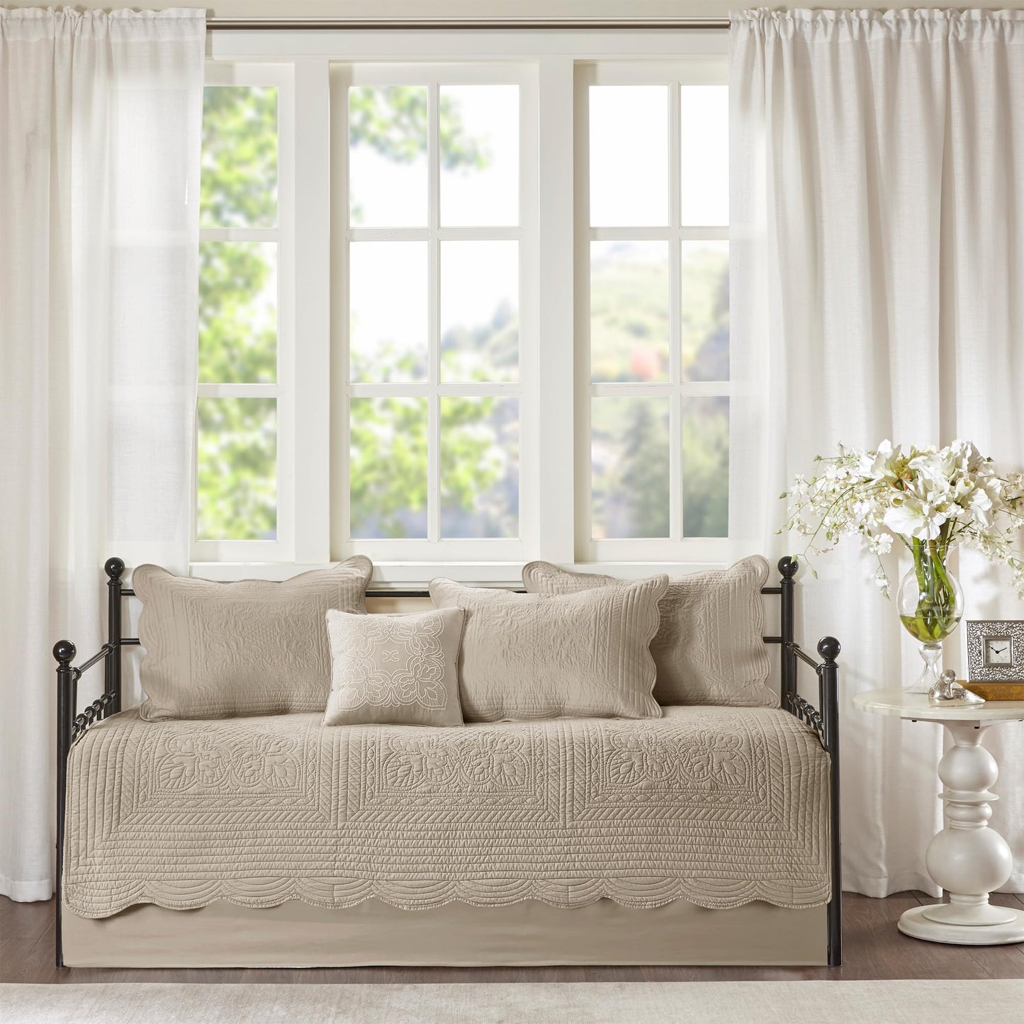 Madison Park Daybed Cover Set Damask Quilted Cover for Daybeds, All Season, Pre-Washed Cotton-Filled Coastal Bedding with Scallop Edge, Shams, Bedskirt, Décor Pillows, Tuscany, Daybed Khaki 6 Piece