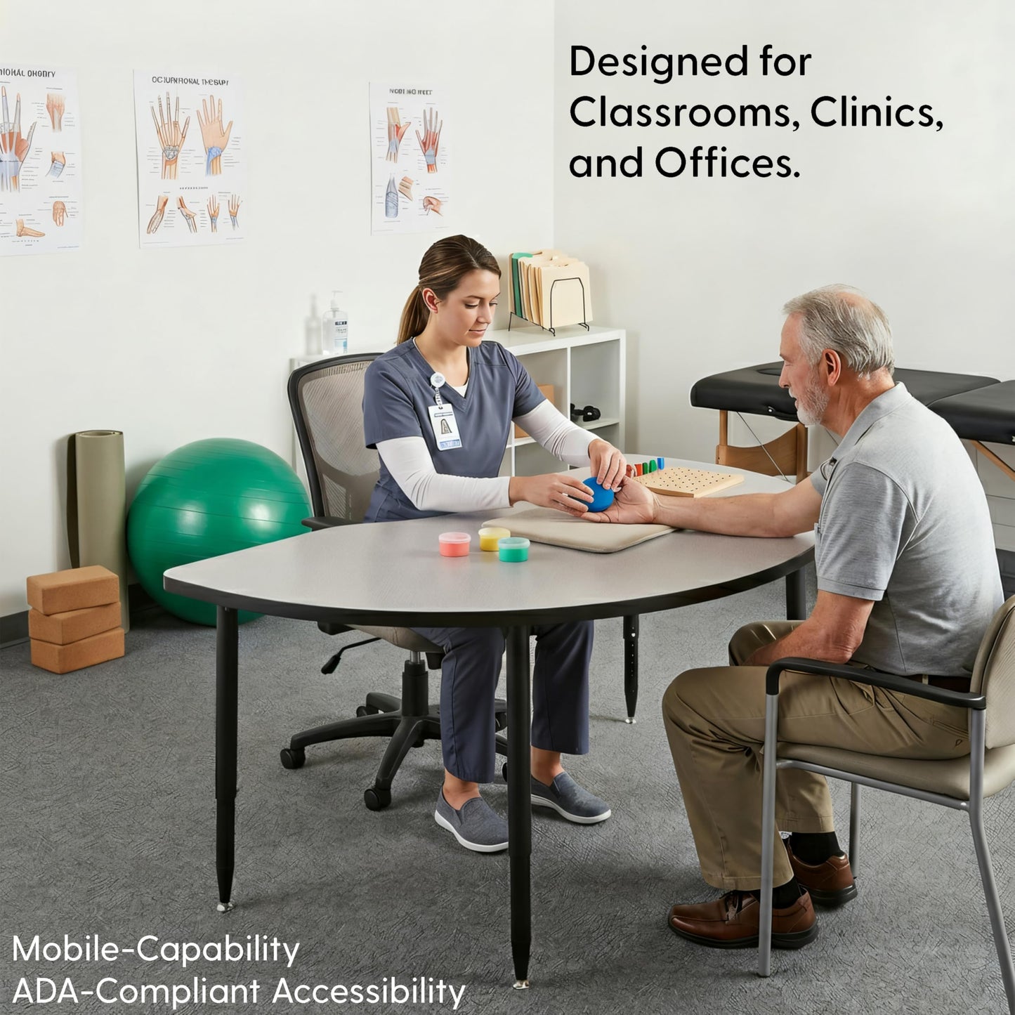 Adapte Commercial Classroom Activity Table - 48" x 72" Kidney, ADA Compliant Tapered Legs with Glides & Casters, Adjustable Height 22-34" Wheelchair Accessible, School & Office Furniture