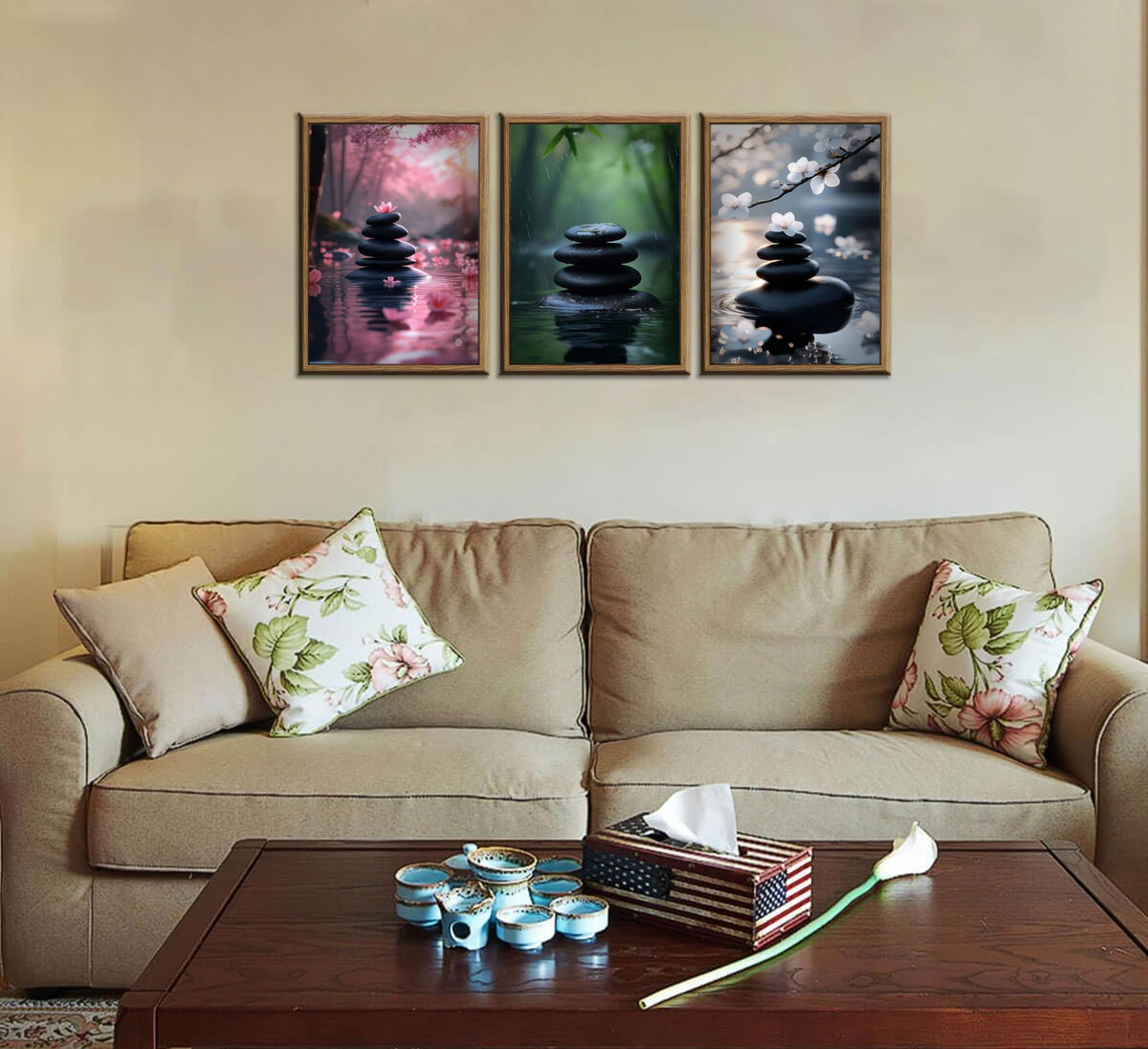 INADIKEIN 3pcs Zen Stone Wall Art Modern Zen Bathroom Wall Decor Meditation Spa Stone Poster Green Bamboo Lotus Printed Artwork for Yoga Meditation Spiritual Room Bathroom Unframed