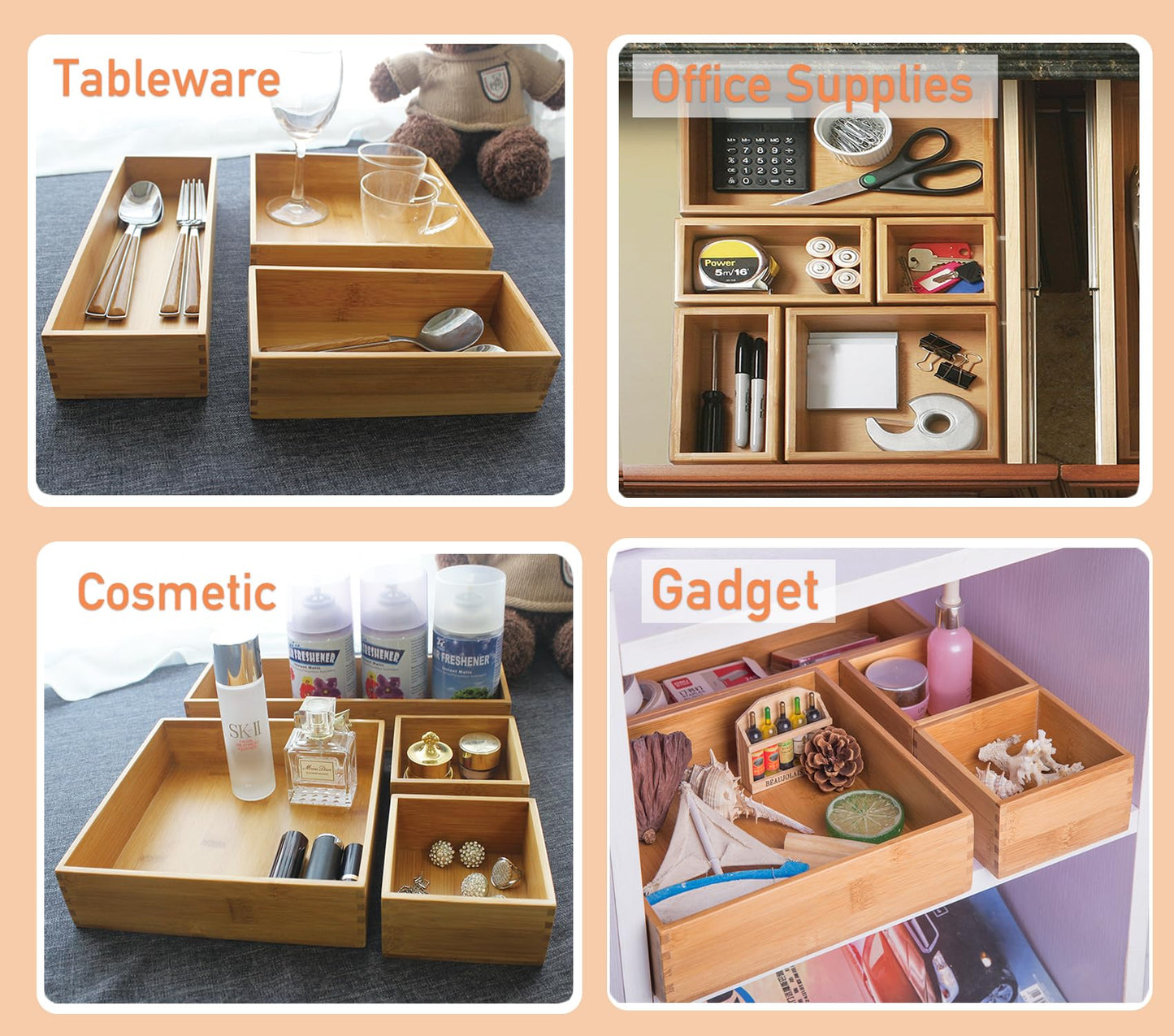 Sansnow Bamboo Drawer Oragnizer Box, Kitchen Seasoning Organizer Tray, Tableware Knife Fork Organizer Box, Home Drawer Sorting Box, Bamboo 12"*4"