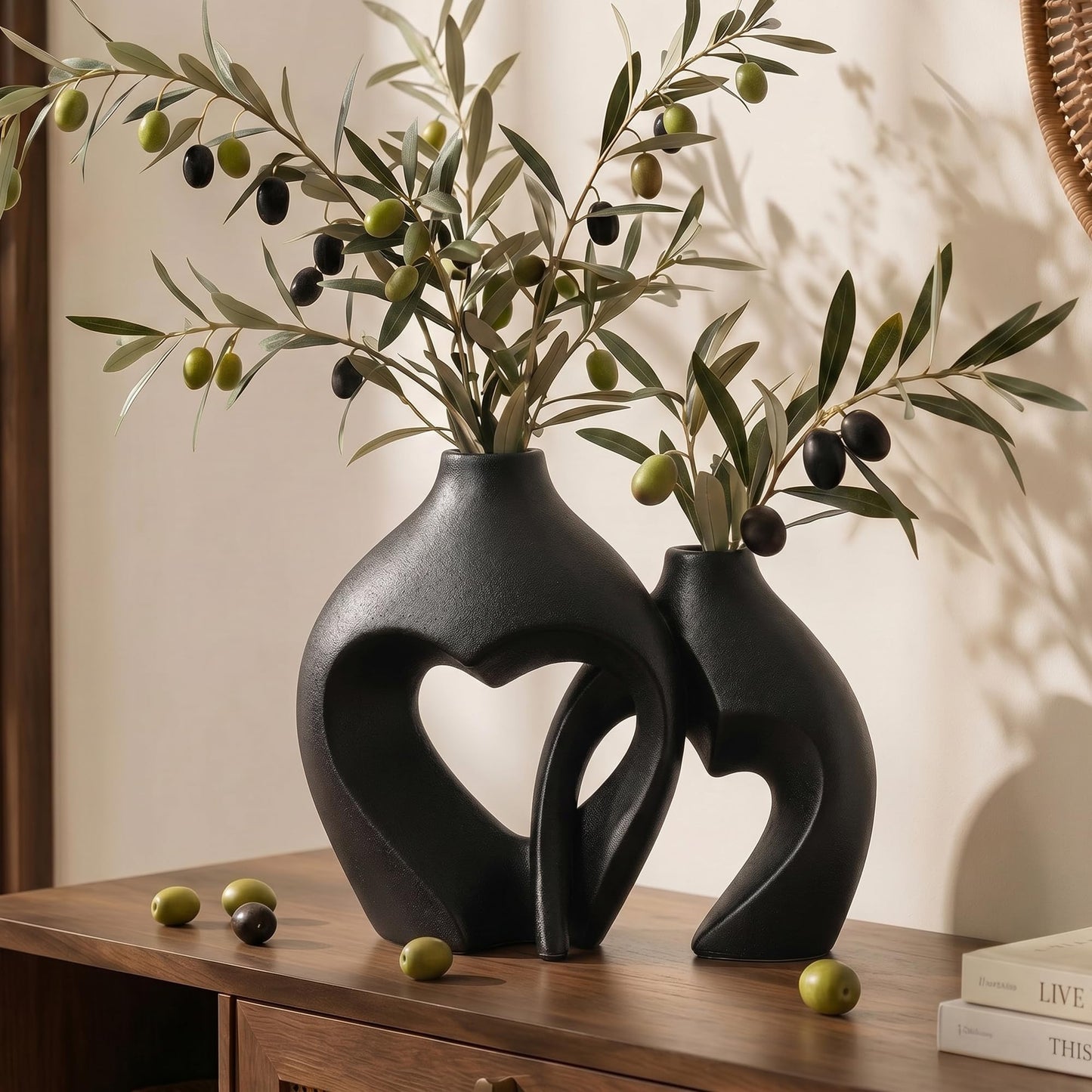 Black Ceramic Flower Vases Home Decor Heart Shaped Vase Set of 2