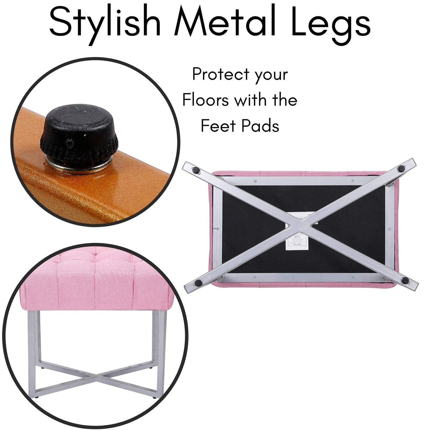 BIRDROCK HOME Rectangle Tufted Linen Ottoman Foot Rest - 19.7x11.82x17.73” Small Foot Stool with Legs - Padded Footrest Modern Ottomans for Living Room Furniture, Bedroom Footstool (Pink)