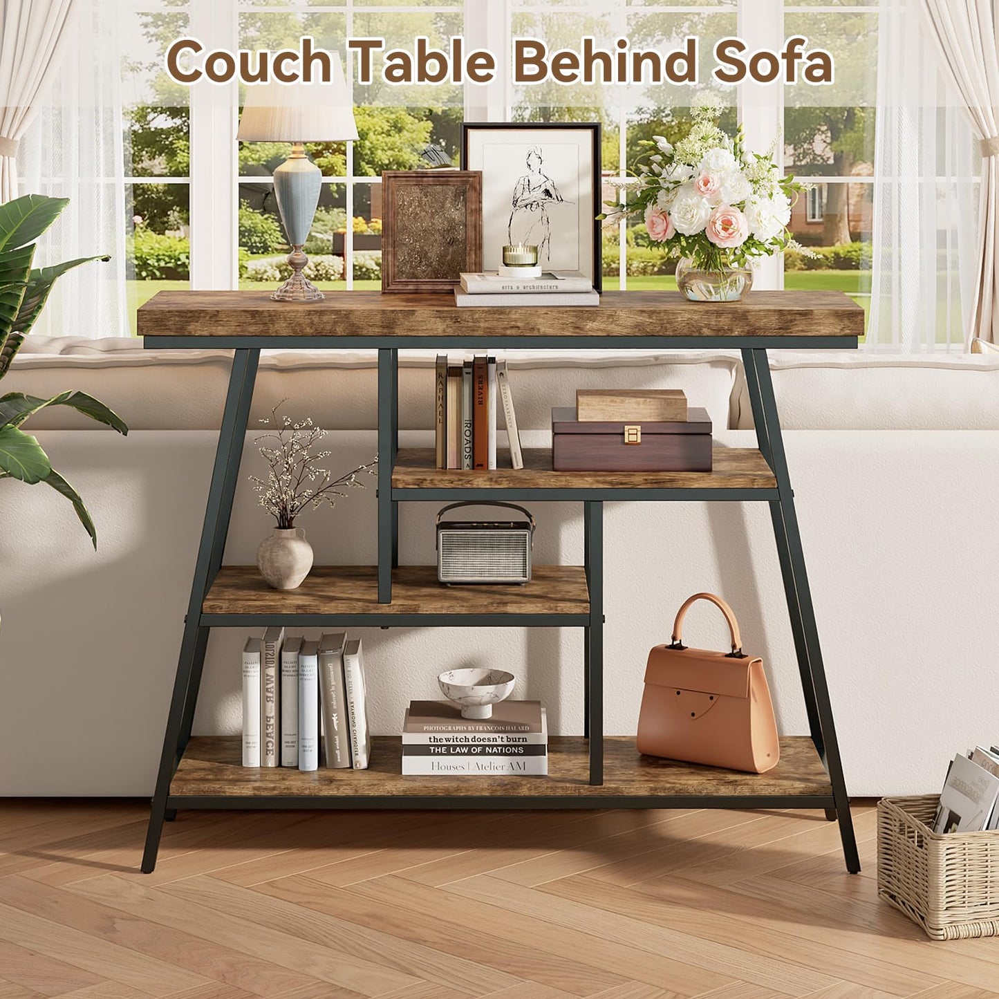 FJLHOHG 43.3" Console Table, Industrial 4-Tier Sofa Table Entryway Table with Arched Metal Frame, Storage Shelves, Narrow Wood Accent Tables with Small Spaces,Living Room,Hallway,Foyer, Rustic Brown