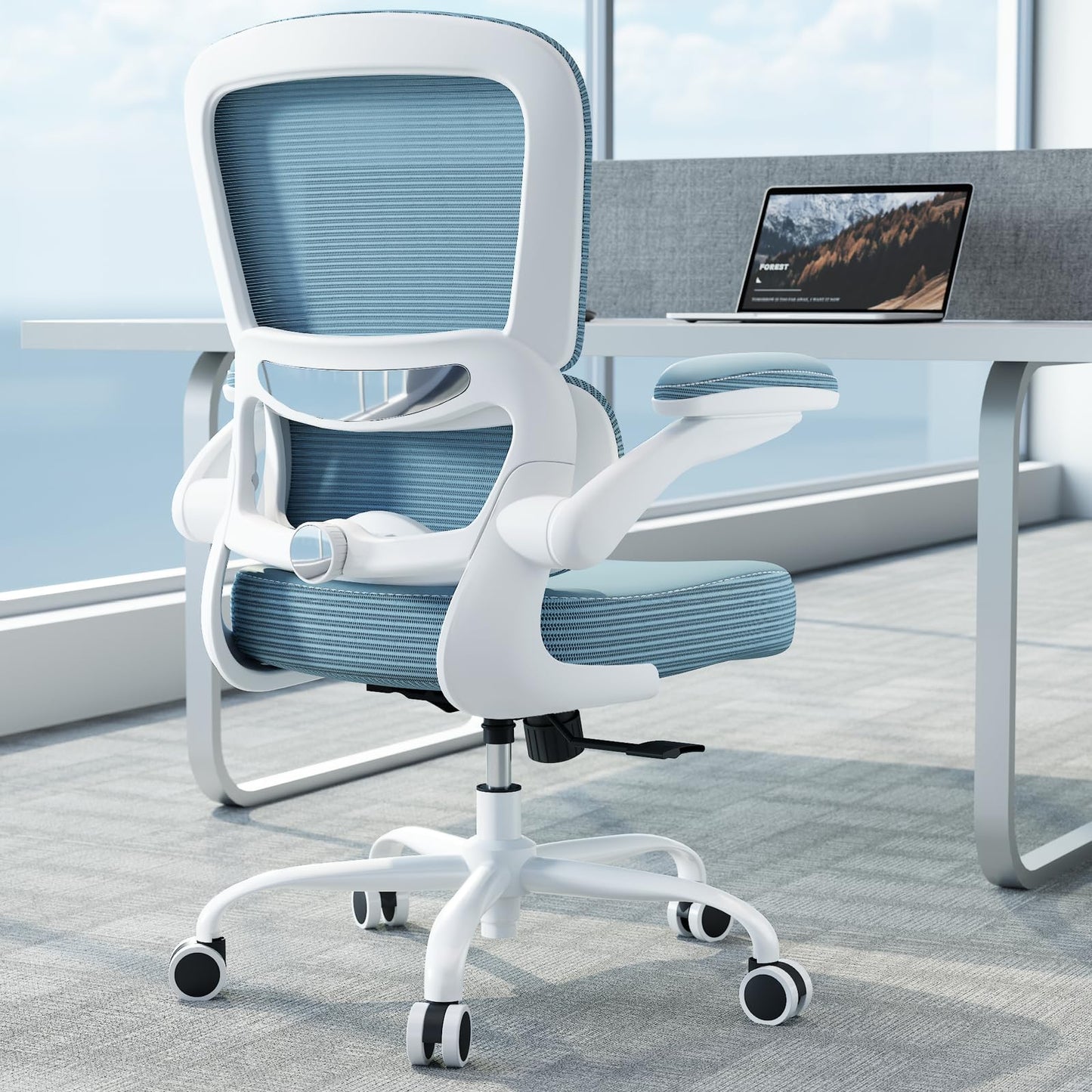 TRALT Ergonomic Office Chair - Desk Chair with Adjustable Lumbar Support Computer Chair - Mesh Comfy Chair with Flip-up Armrests - Gaming Chairs for Adults Home Office (PU Leather, Sky Blue)
