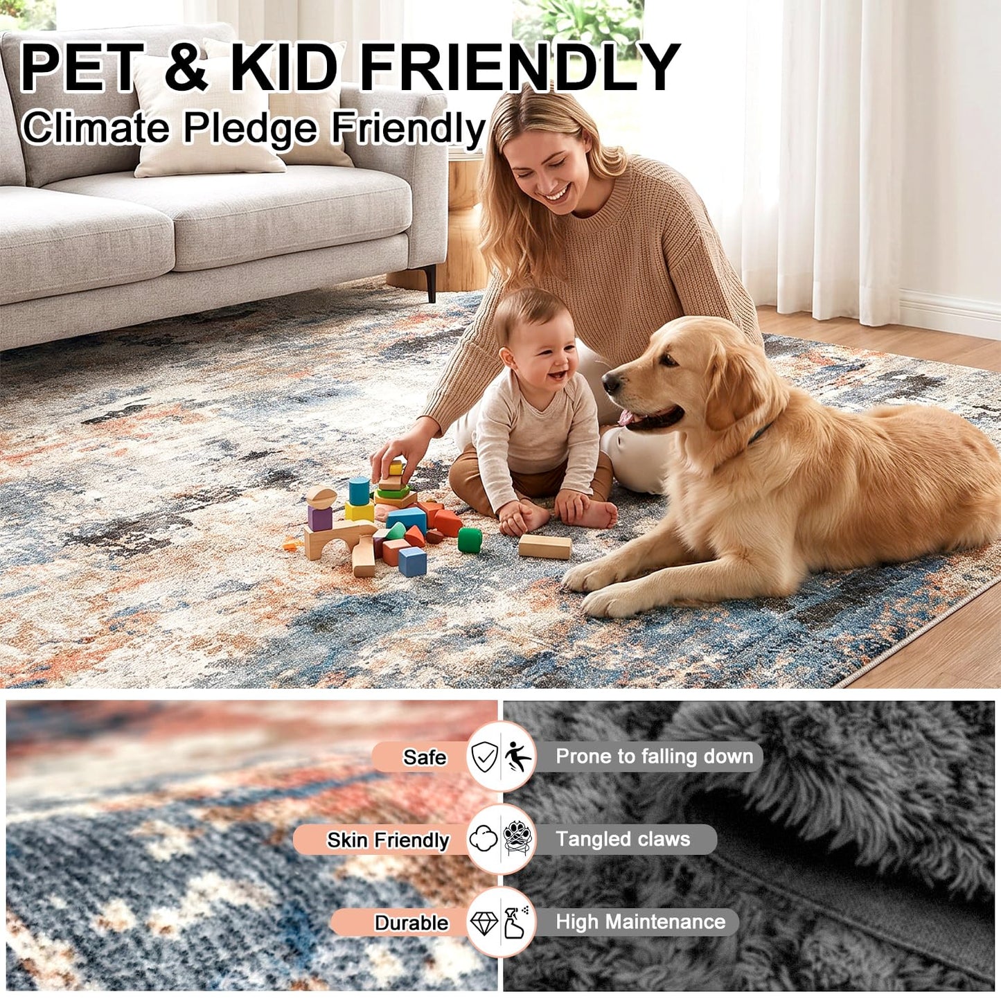 Cnythlis Low Pile Area Rug for Home Office Under Desk, Washable Abstract Carpet Robot Vacuum Compatible 0.3 Inch Cotton-Backed Non-Slip Silicone Grip Dining Room Mat, Terracotta Blue, 5'x7'