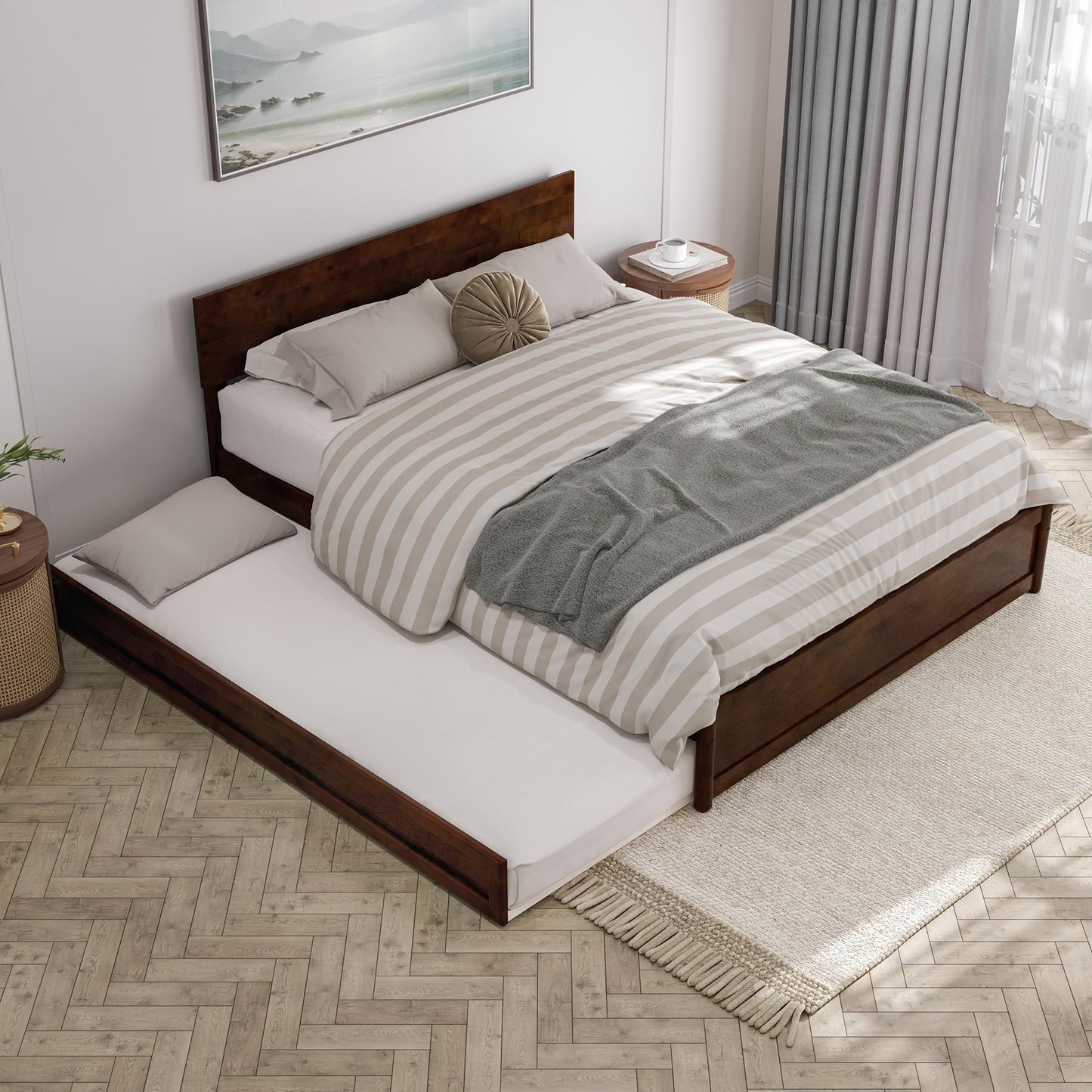 AFI, Wesley Queen Platform Bed with Panel Footboard & Twin XL Trundle, Walnut