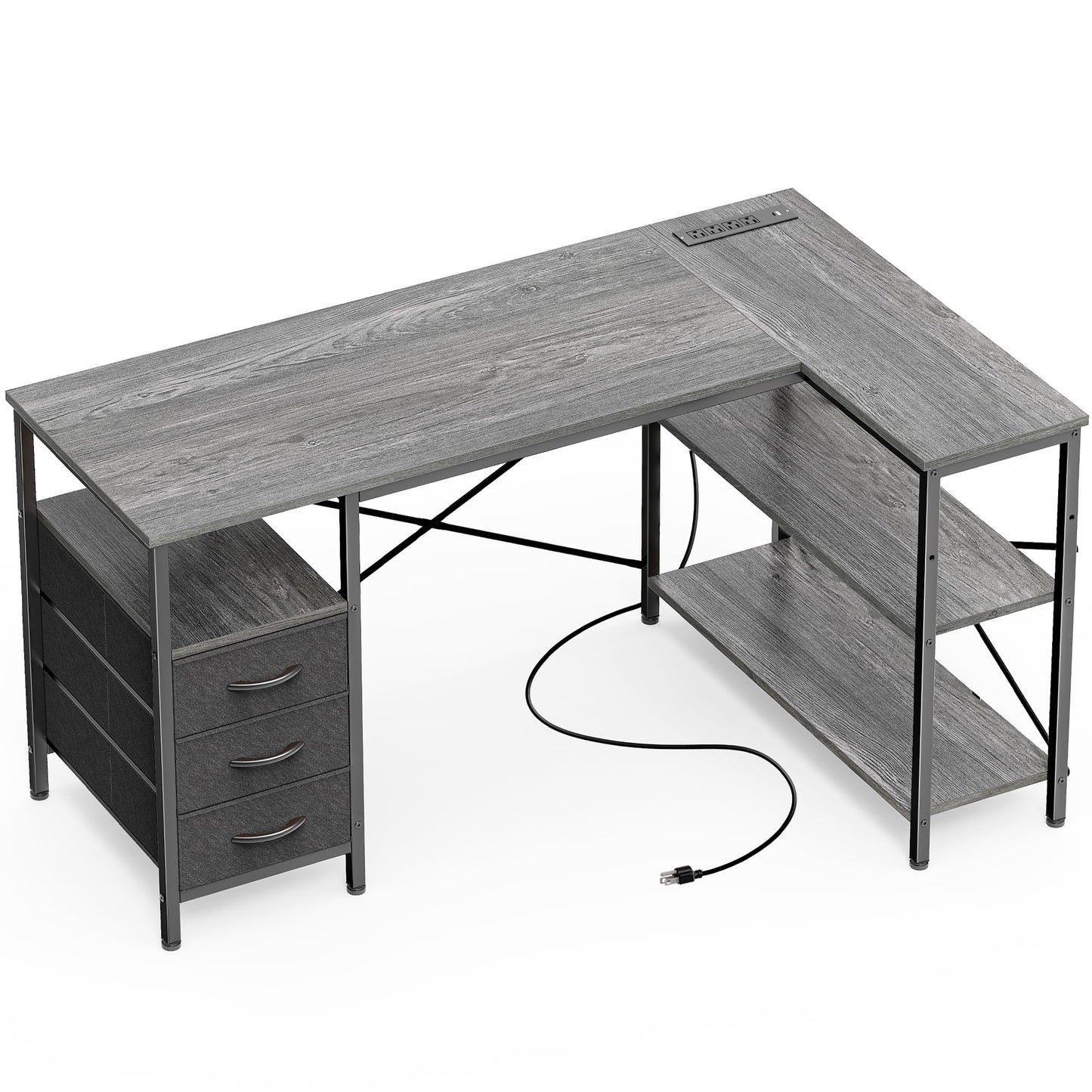Huuger L Shaped Office Desk with Power Outlets, 47 Inch Computer Desk with 3 Drawers, Shelves, for Gaming, Corner Work, Home Office, Study, Grey