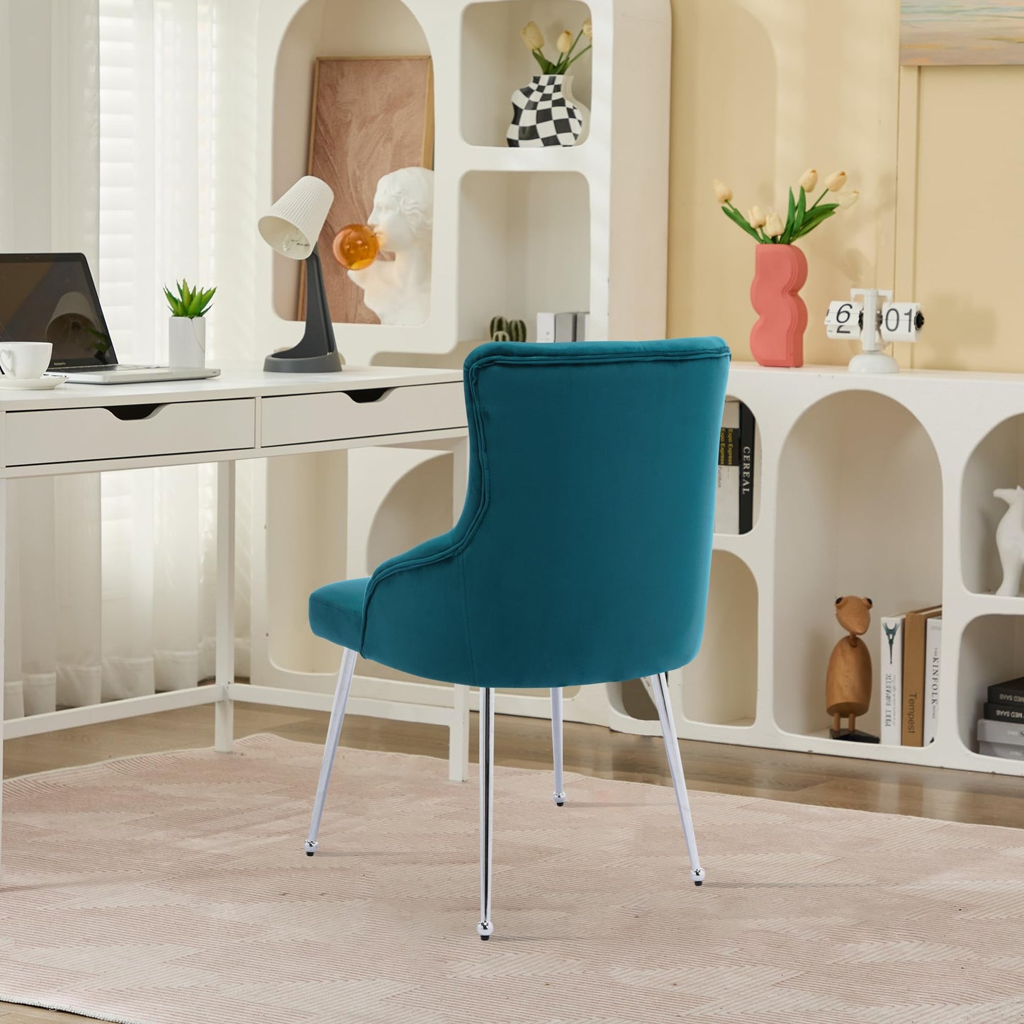 UDAX Velvet Vanity Makeup Dining Chairs, Upholstered Accent Reading Chair, Offiice Desk Vanity Stool Chairs with Tufted Back for Bedroom, Living Room, Teal