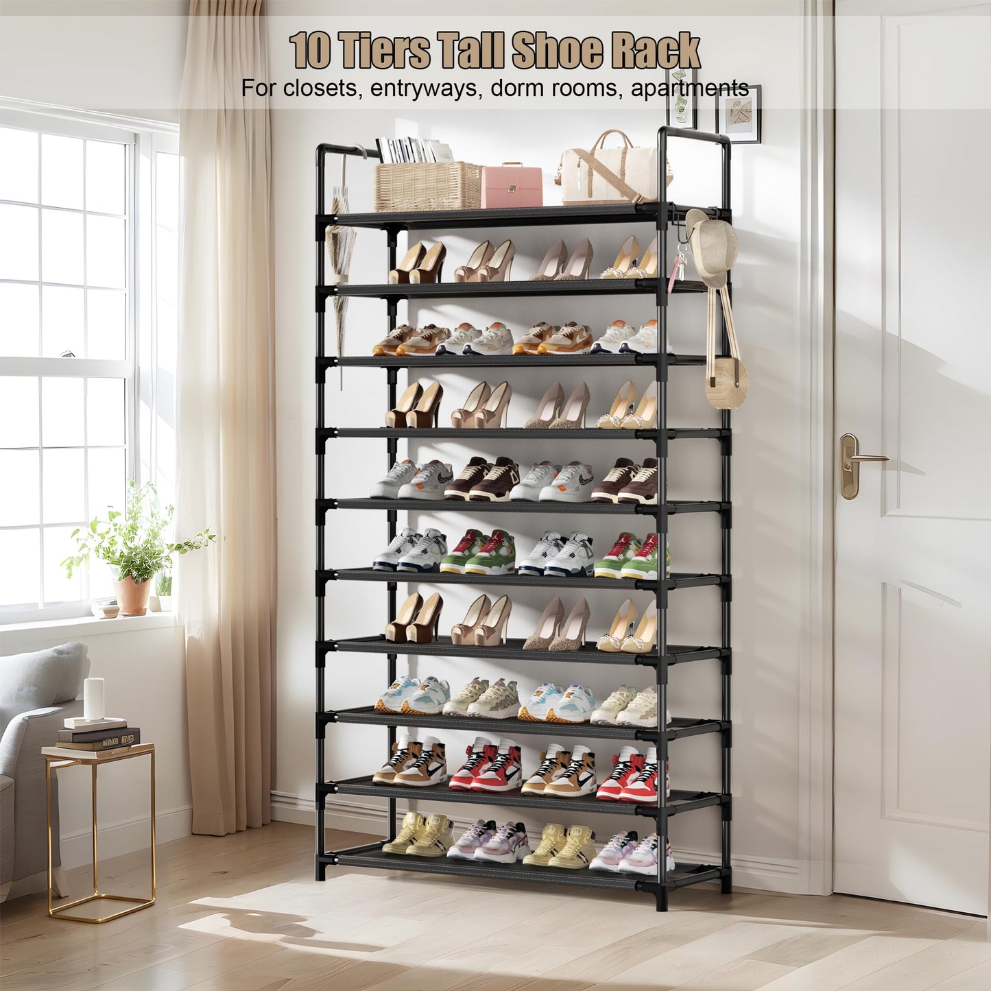SRRSO Shoe Rack, 10 Tier Shoe Storage Organizer with Hooks,Fit 40-45 Pairs Shoes,Nonwoven Fabric Tall Shoe Shelf for Closet,Entryway, Hallway,Garage,Bedroom,Cloakroom