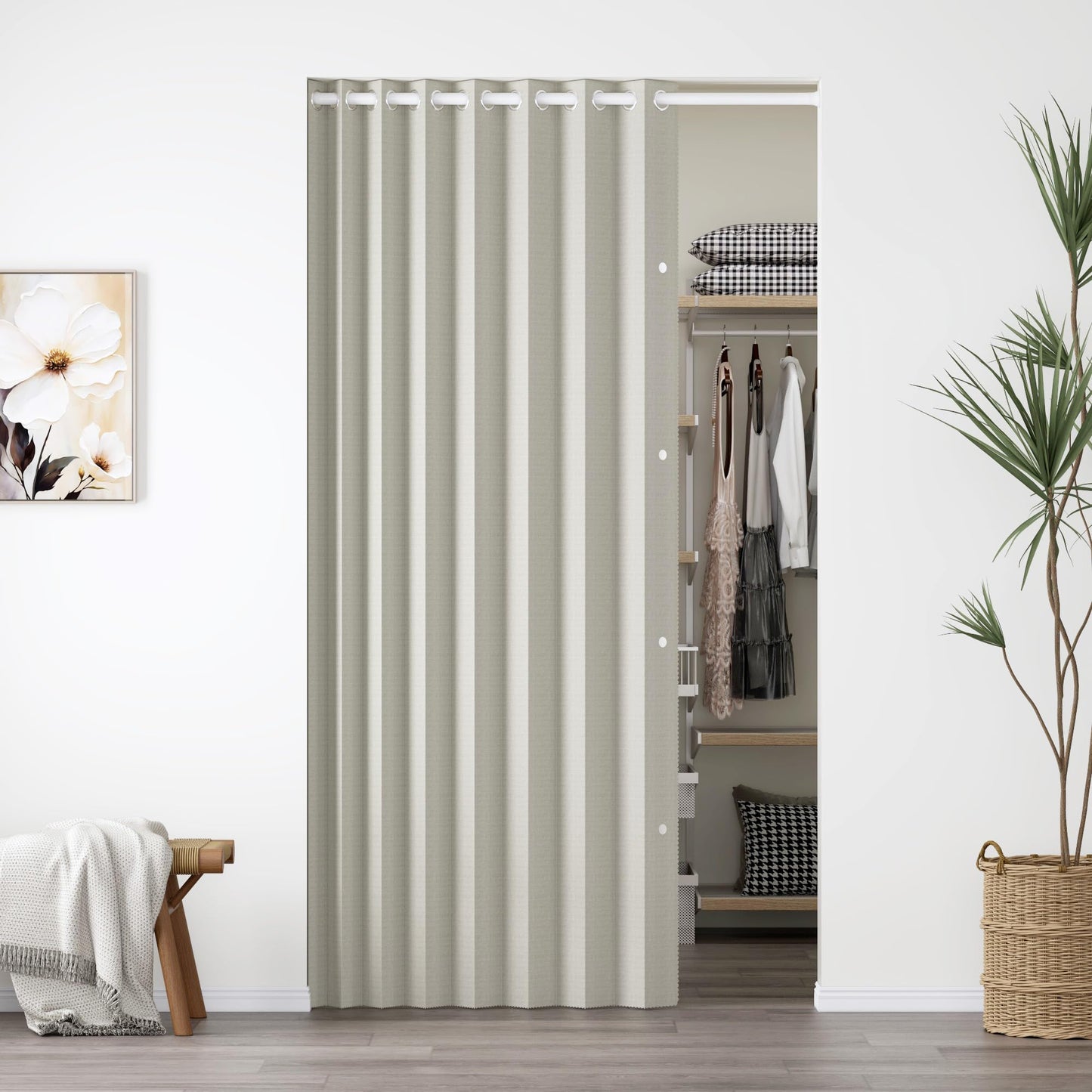 HMYI Full Blackout Memory Trained Pleated Curtains with Magnetic Closure, Pinch Pleated Curtain for Living Room Bedroom, 1 Panel, W45 x L72, Natural
