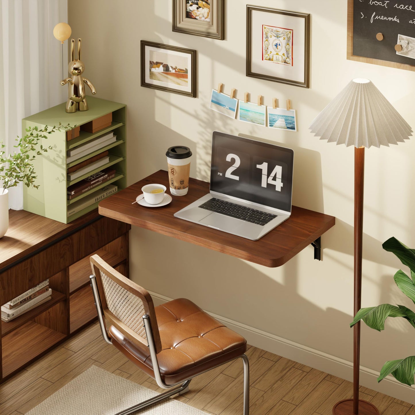 Dogsky Floating Wall Desk, 24" x 14" Wall Mounted Folding Table, Pine Wood Fold Down Wall Table, 100 lb Capacity Wall Mount Desk for Small Apartment, Laundry Room,Kitchen,Bar & Computer, Walnut