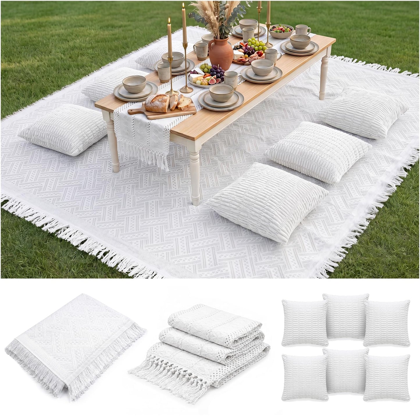 Extra Large Outdoor Rug Boho Picnic Blanket with Low Table Runner and 6 Throw Pillows Covers Set Wedding Party Decoration Photoshoot Home Garden Party Decor Patio Lawn Mat Beach Party theme Supplies