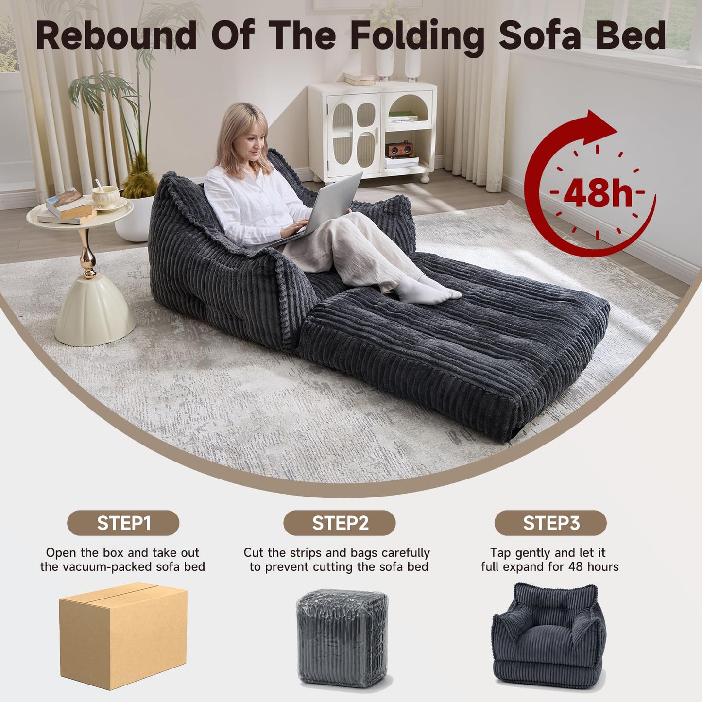Manyday Convertible Sofa Bed, 2 in 1 Folding Sleeper Sofa to Lounger Comfy Single Bean Bag Chair for Adults, Floor Couch with Handle, Corduroy Couch Bed for Living Room Bedroom, Gray