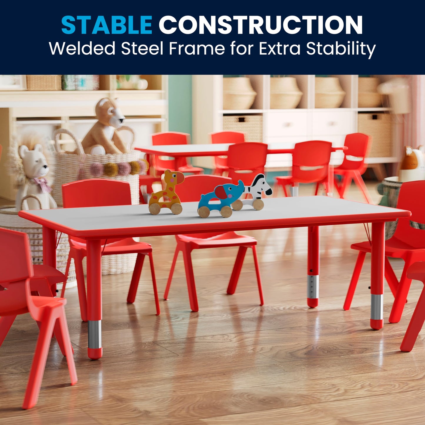 Flash Furniture Wren 23.625''W x 47.25''L Rectangular Red Plastic Height Adjustable Activity Table with Grey Top