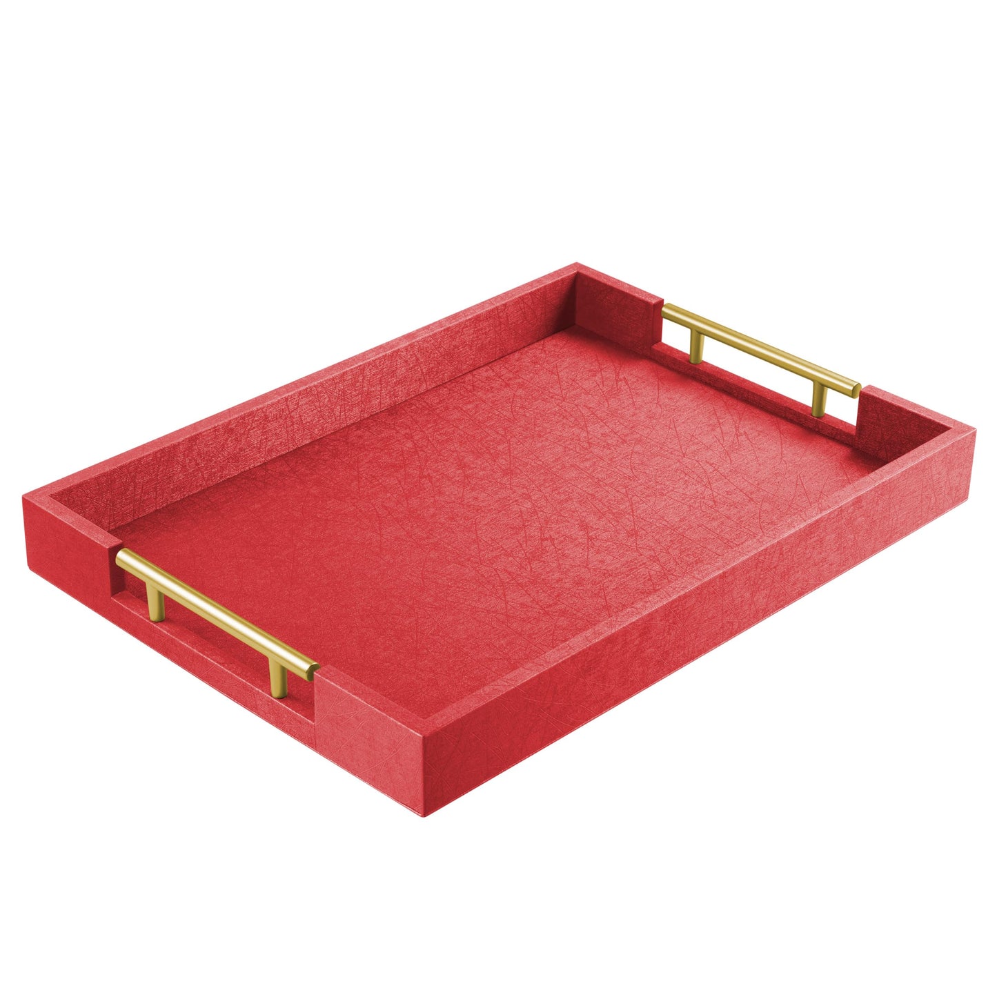 ATZYmolin 17"" x 12"" Wood Serving Tray with Gold Polished Metal Handles, Home Decorative Wooden Rectangle Ottoman Leather Decor Platter Bathroom Vanity Tray for All Occasions Red