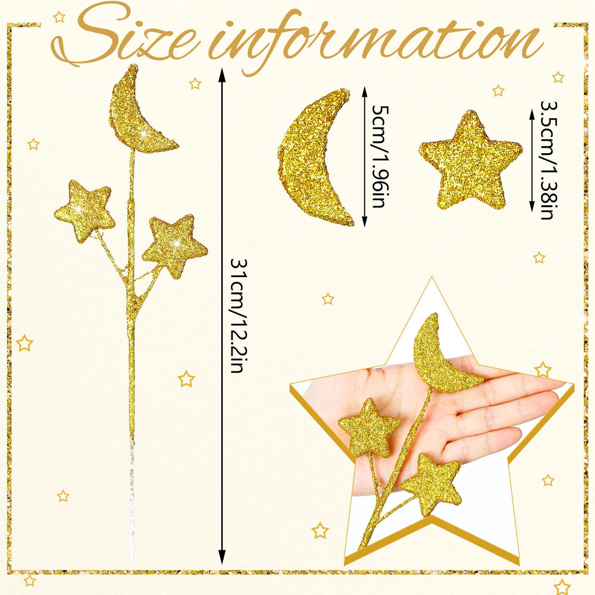 Wavwavw 24 Pcs Moon Star Floral Picks Gold Moon Star Stem Vase Filler Baby Shower Decor Glitter Twinkle Stem Table Decoration for Table Centerpiece Home Living Room Wedding Birthday Party, 12.2 Inch