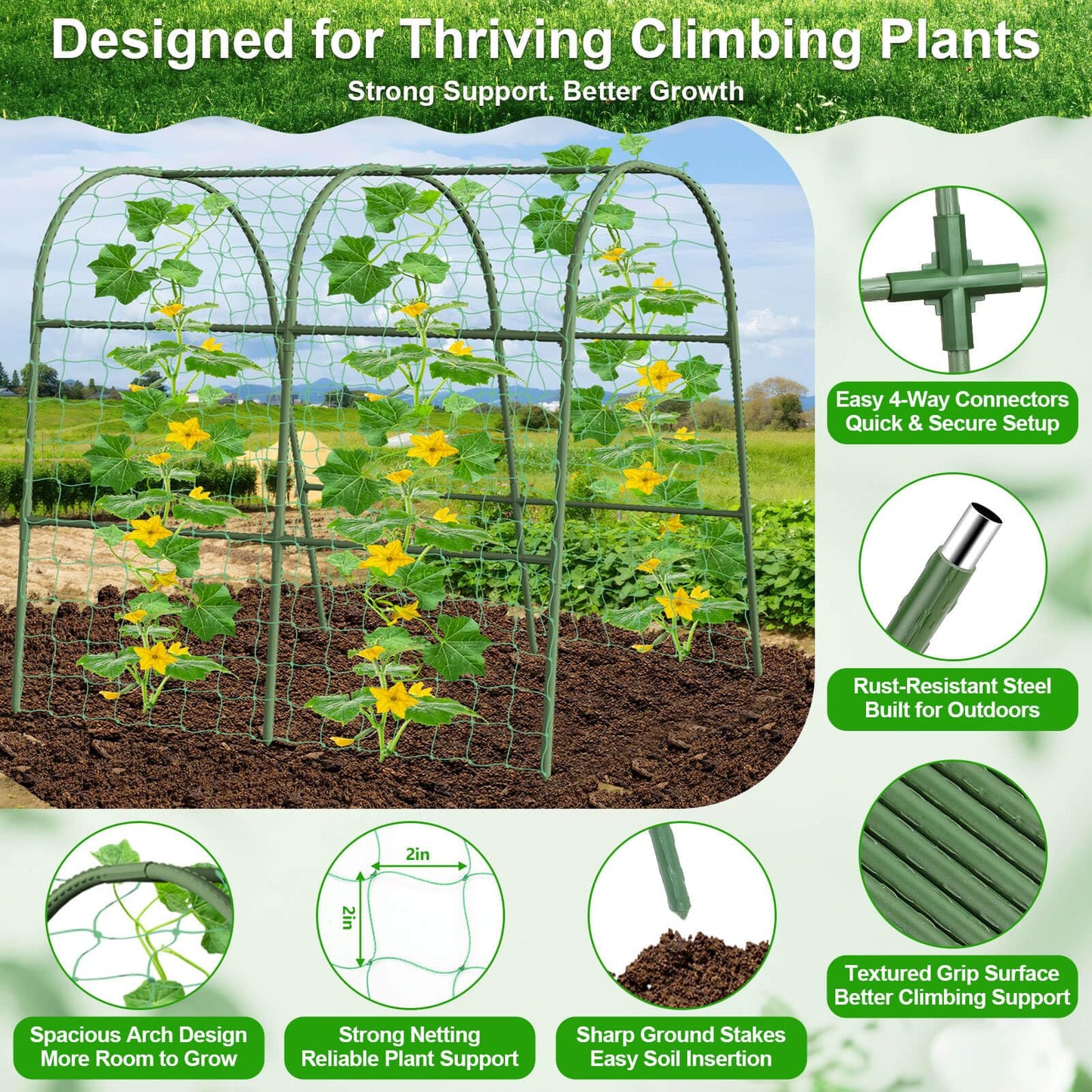 Cludoo Cucumber Trellis for Raised Bed Garden, U-Shape Arch Trellis for Climbing Plants Outdoor, Metal Vegetables Trellis with Netting, Garden Trellis for Cucumber Plants Sweet Pea Bean Grape
