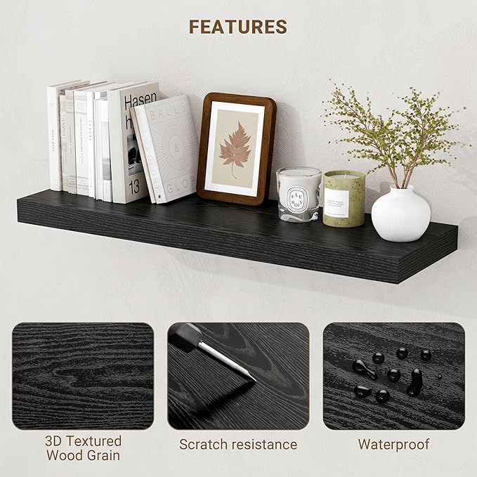 Acovy 72 Inch Floating Shelves, 3D Textured Wood Grain, Wooden Shelves