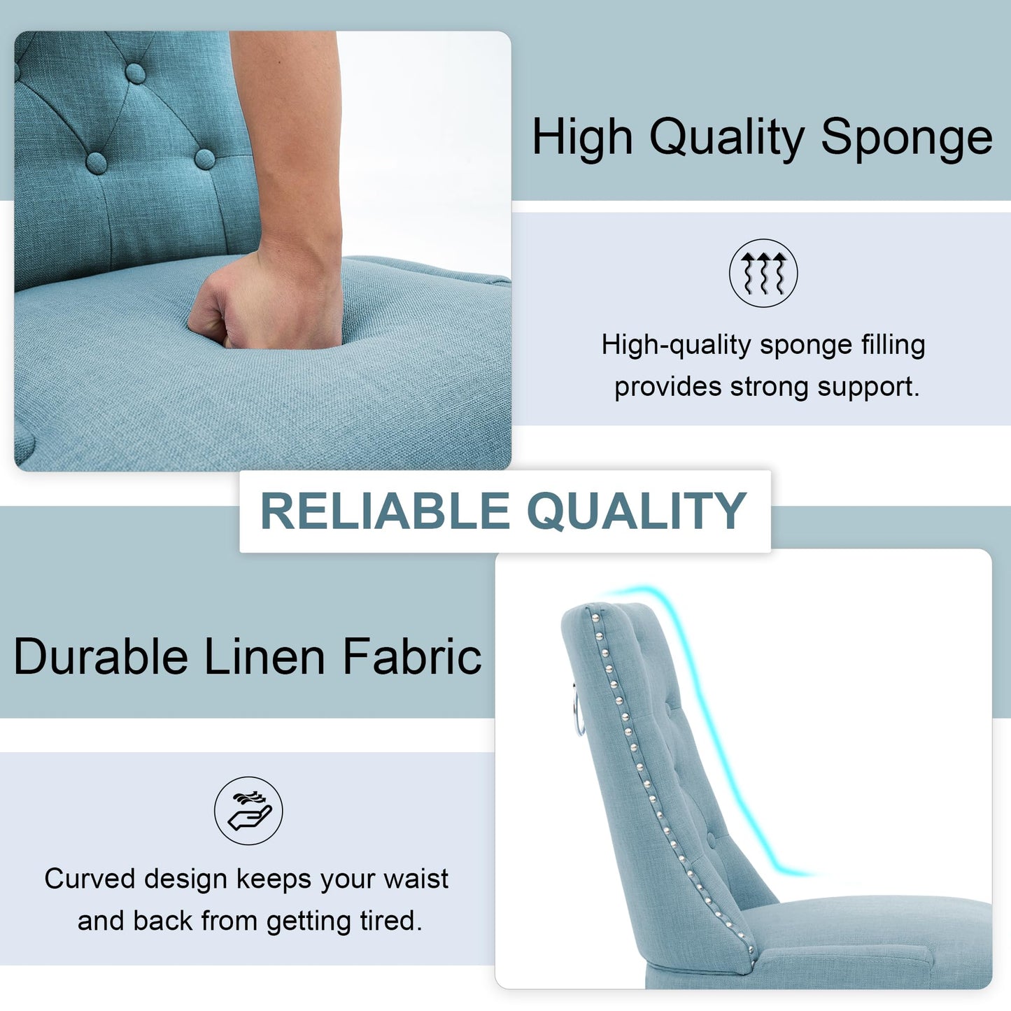 UDAX Upholstered Tufted Dining Chairs Set of 4, Fabric Side Dining Room Chairs with Nailhead Back Ring Pull Trim Solid Wood Legs, Blue