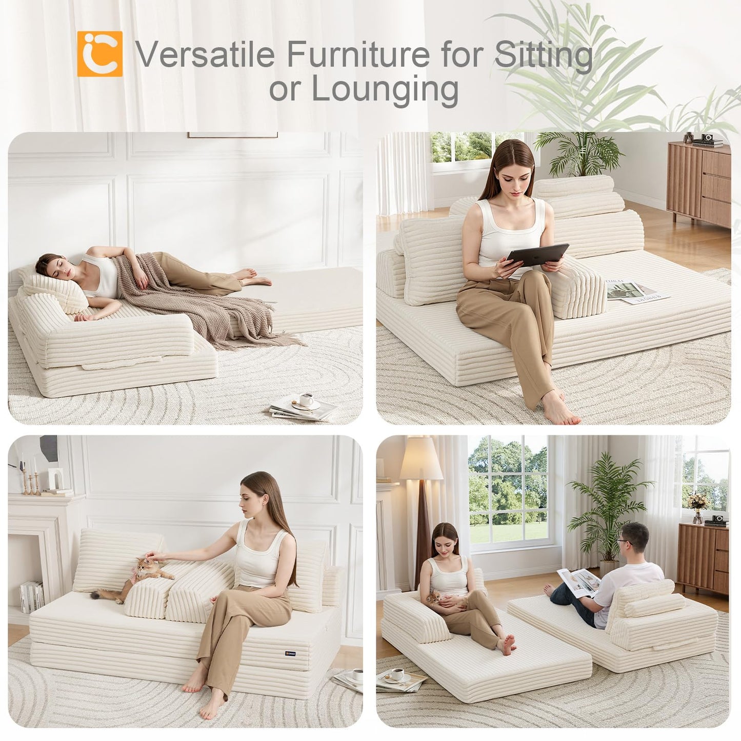 COMAX Convertible Sofa Bed, Folding Floor Couch Corduroy Fold Out Couch Bed Futon Sleeper Mattress with Pillows, Boneless Sofa Comfy Lounge Loveseat for Living Room Bedroom, Plush Beige