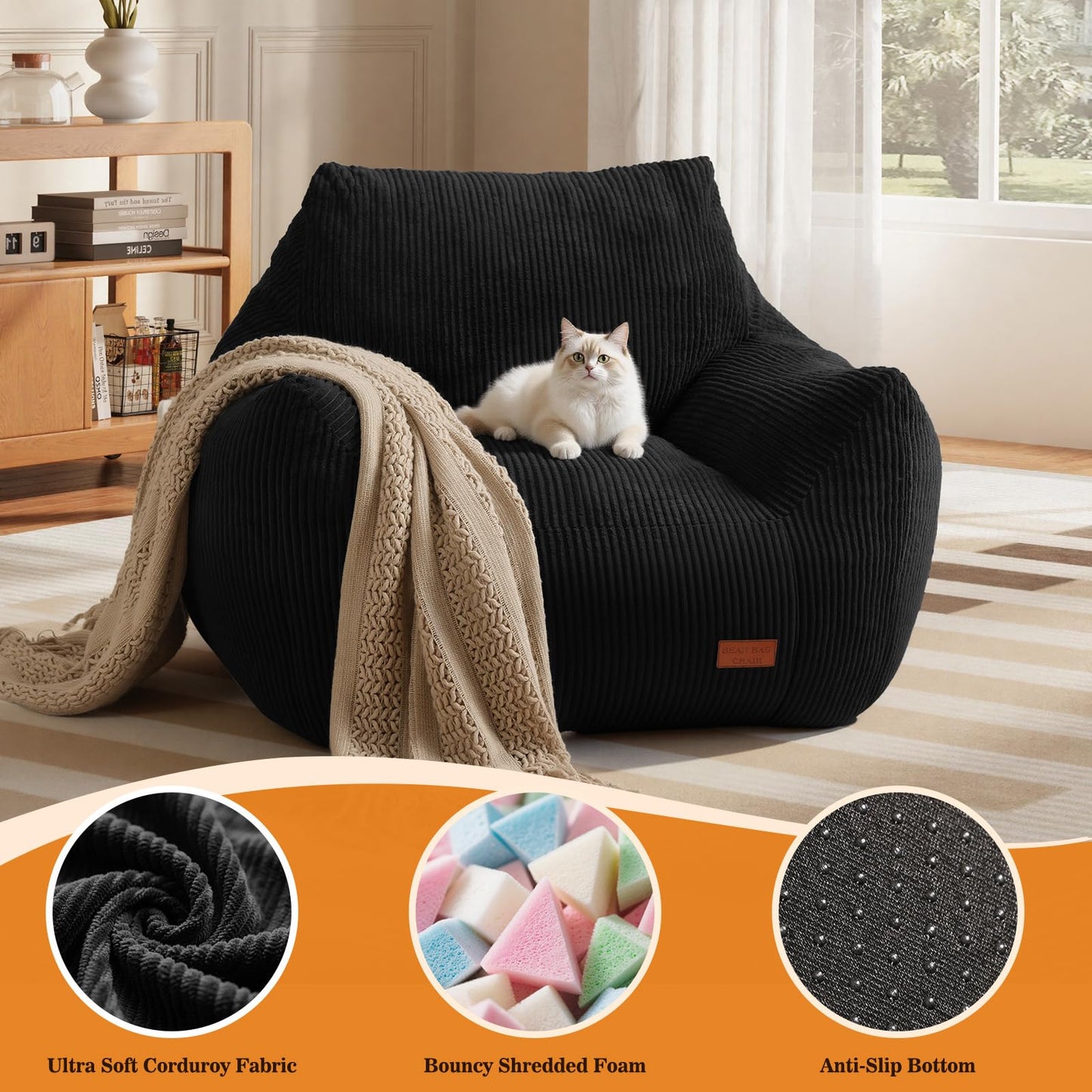 Vellorise Big Bean Bag Chair for Adults, Ultra Soft Living Room Bean Bag with Armrests, Stuffed BeanBag Chair for Napping, Gaming, Vacuum-Compressed for Easy Gifting, 48 Hours to Fluffs Up, Black
