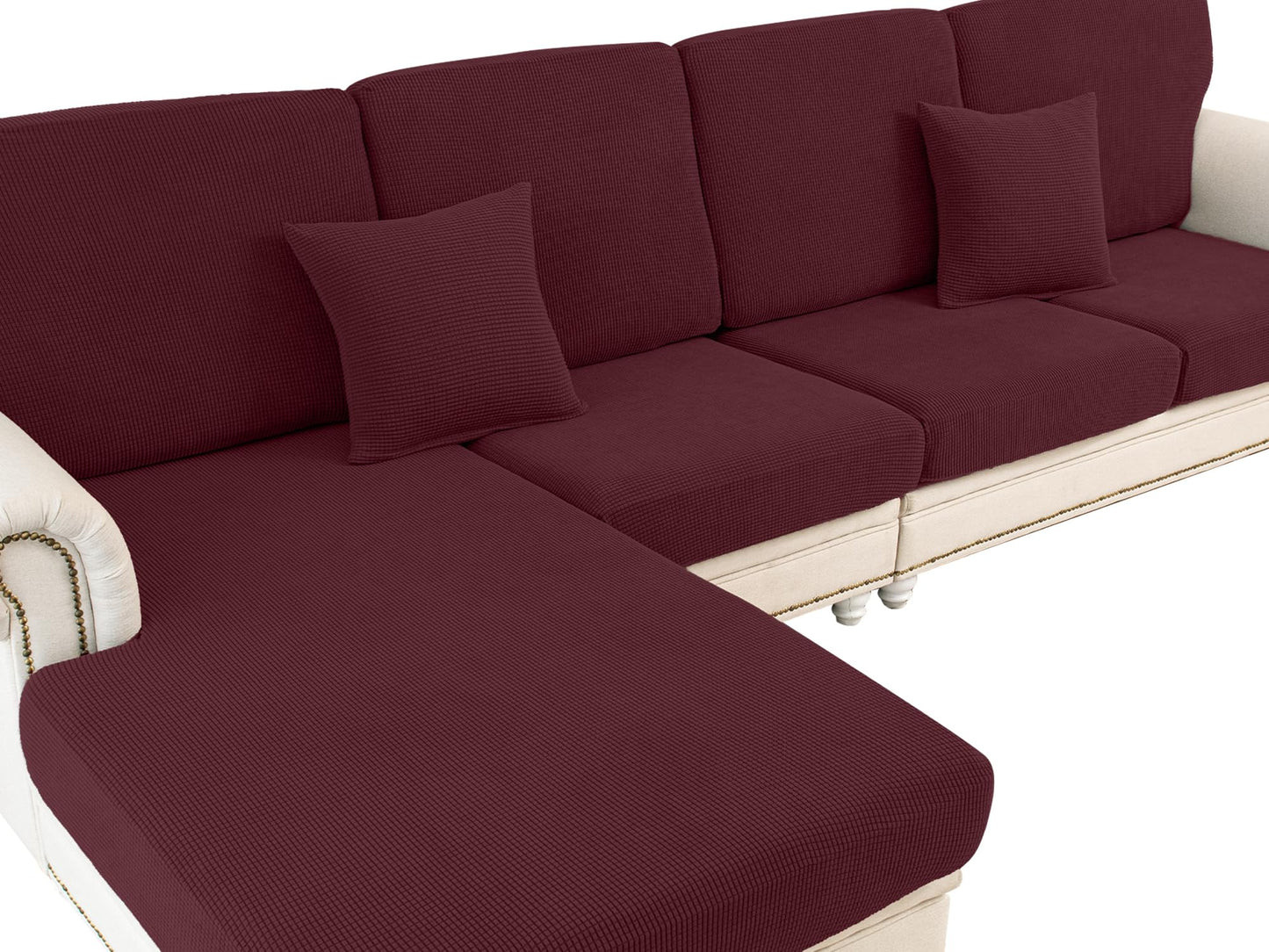 LA MEACK Couch Cushion Covers for Sectional Sofa L Shape Washable Separate Seat Chaise Couch Cover Stretch Sofa Slipcovers with 2 Pcs Pillowcases(3 Seater + 1 Chaise, Burgundy)